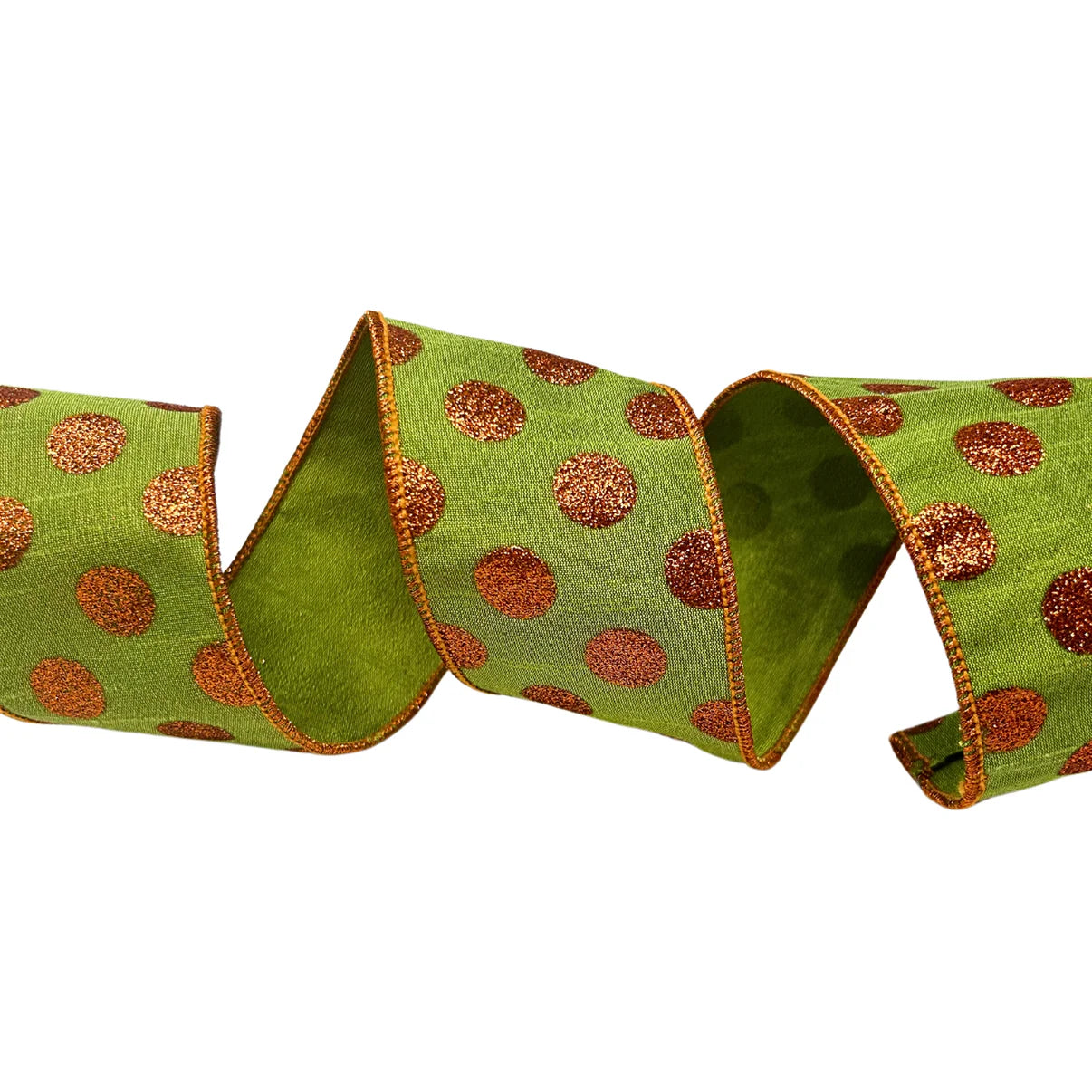 2.5'' X10 YD Green Ribbon with Orange Glitter Dots