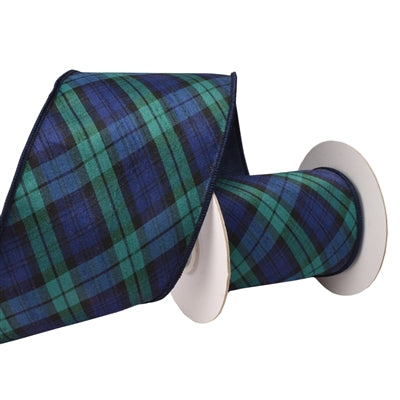 4''X10 Yrd Navy Blue and Evergreen Plaid Wired Ribbon