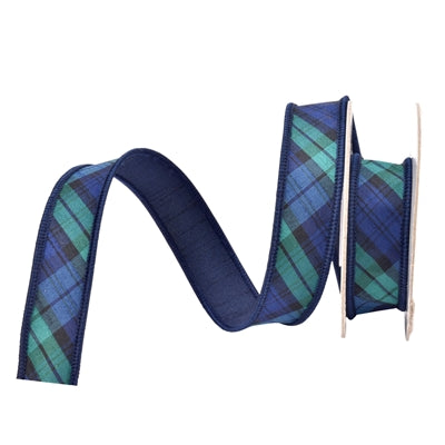 1''X10 Yrd Navy Blue and Evergreen Plaid Wired Ribbon