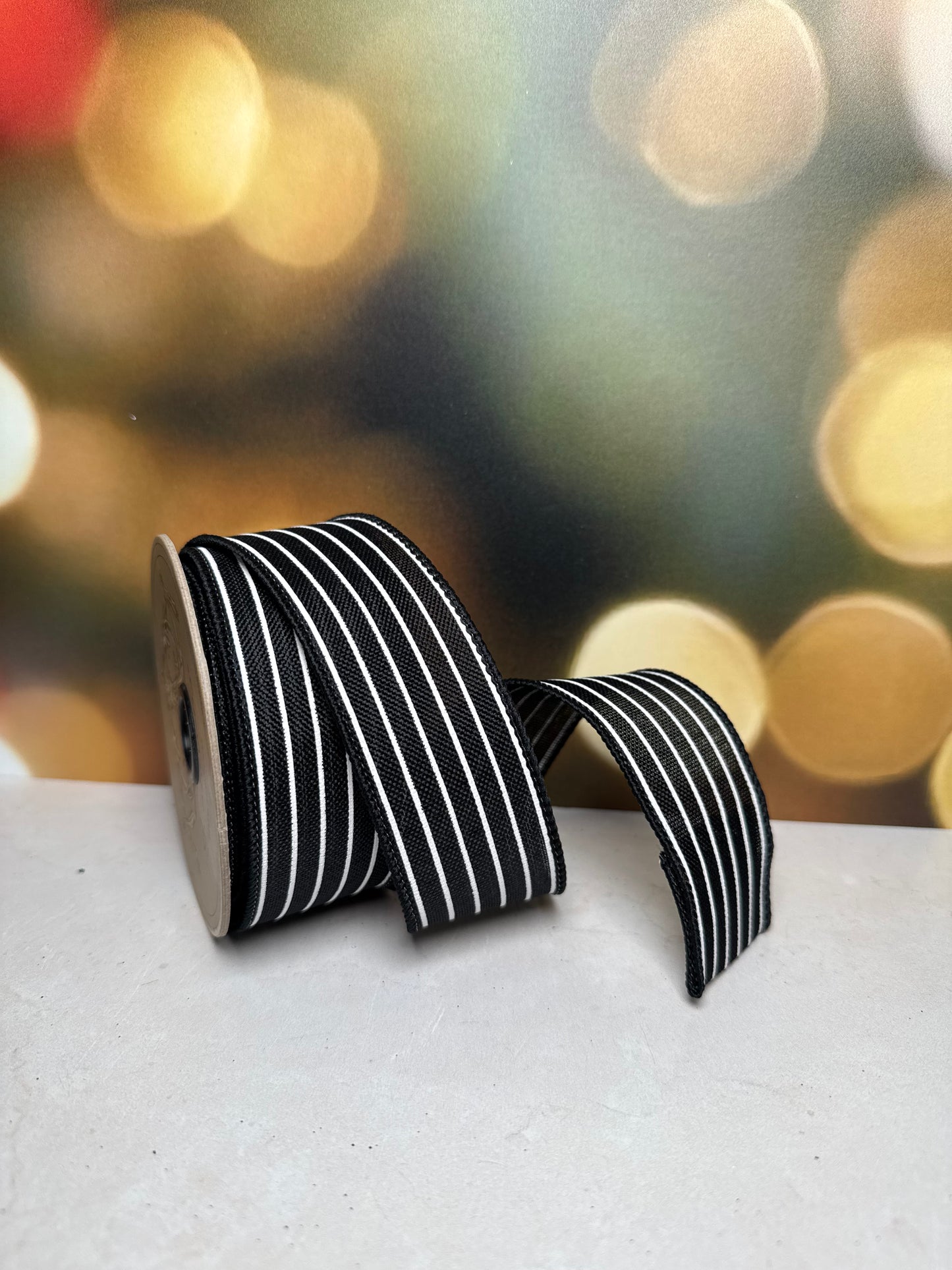 1.5" x 10 yds faux linen, mini stripe, black-white - Burlap and Bling Decor