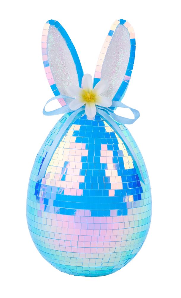 5.5"H X4"DIA IRID MIRROR EGG W/EARS/BOW BLUE - Burlap and Bling Decor