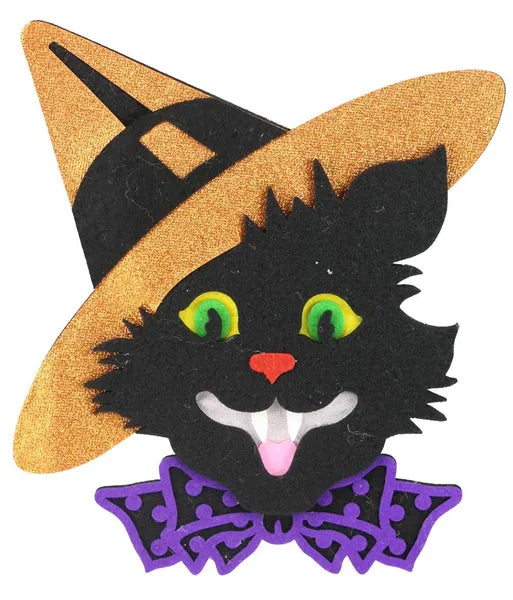 14"H X 13"W FELT CAT HEAD W/WITCH HAT - Burlap and Bling Decor
