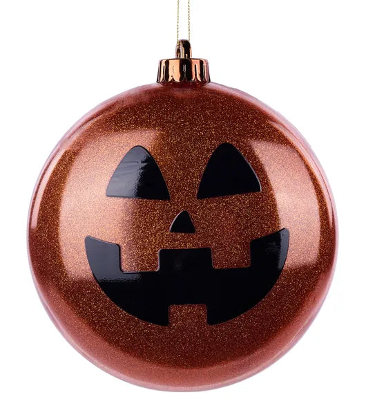 150MM GLTTR JACK-O-LANTERN 2D BALL ORN GLITTER ORANGE/BLACK