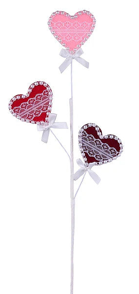23"H LACE PEARL FELT FABRIC HEART SPRAY LT PINK/RED/BURGUNDY/WHITE - Burlap and Bling Decor