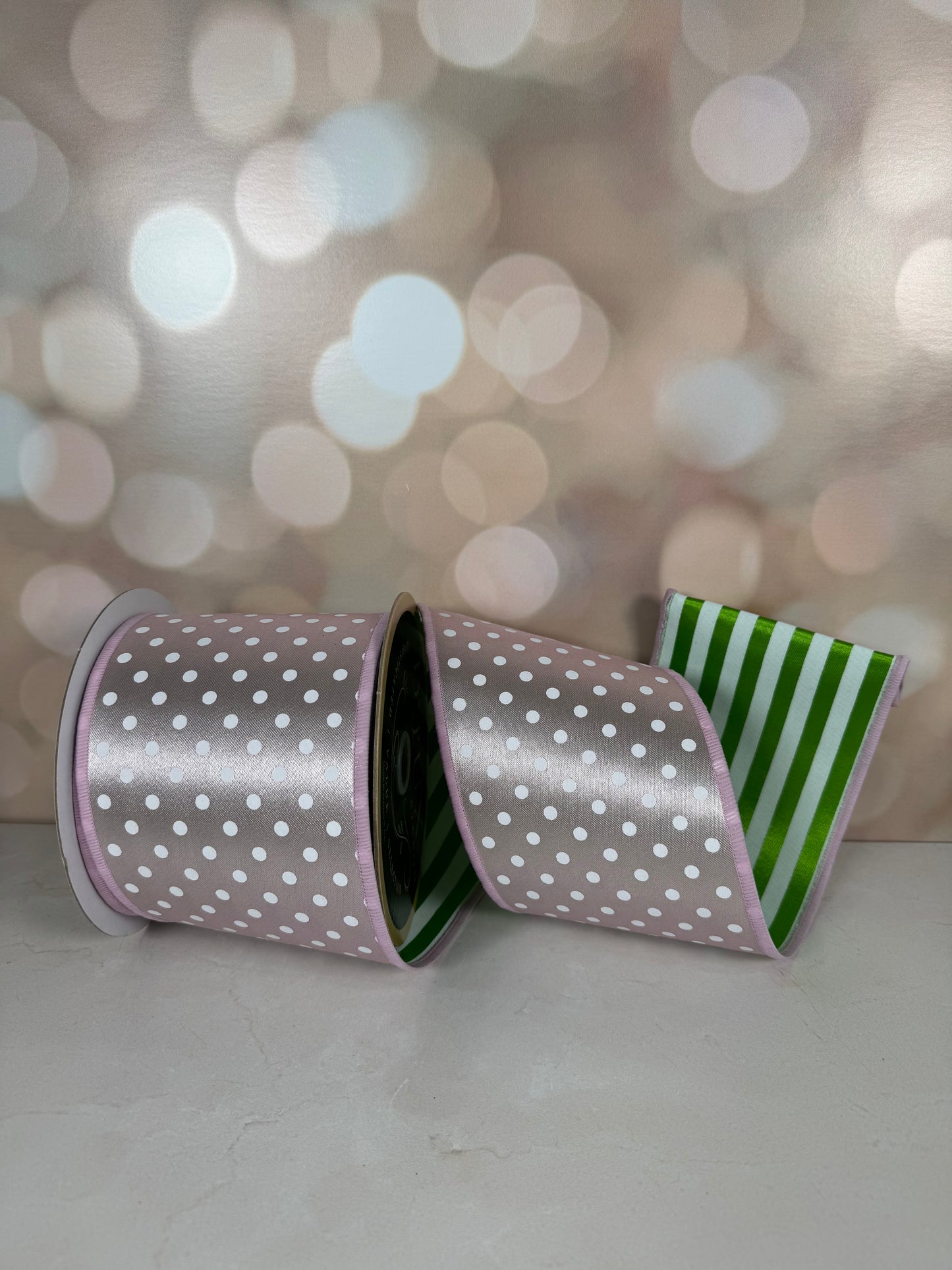 4"X10YD POLKA DOT/STRIPE/FUSED PINK/WHITE/FRESH GREEN - Burlap and Bling Decor