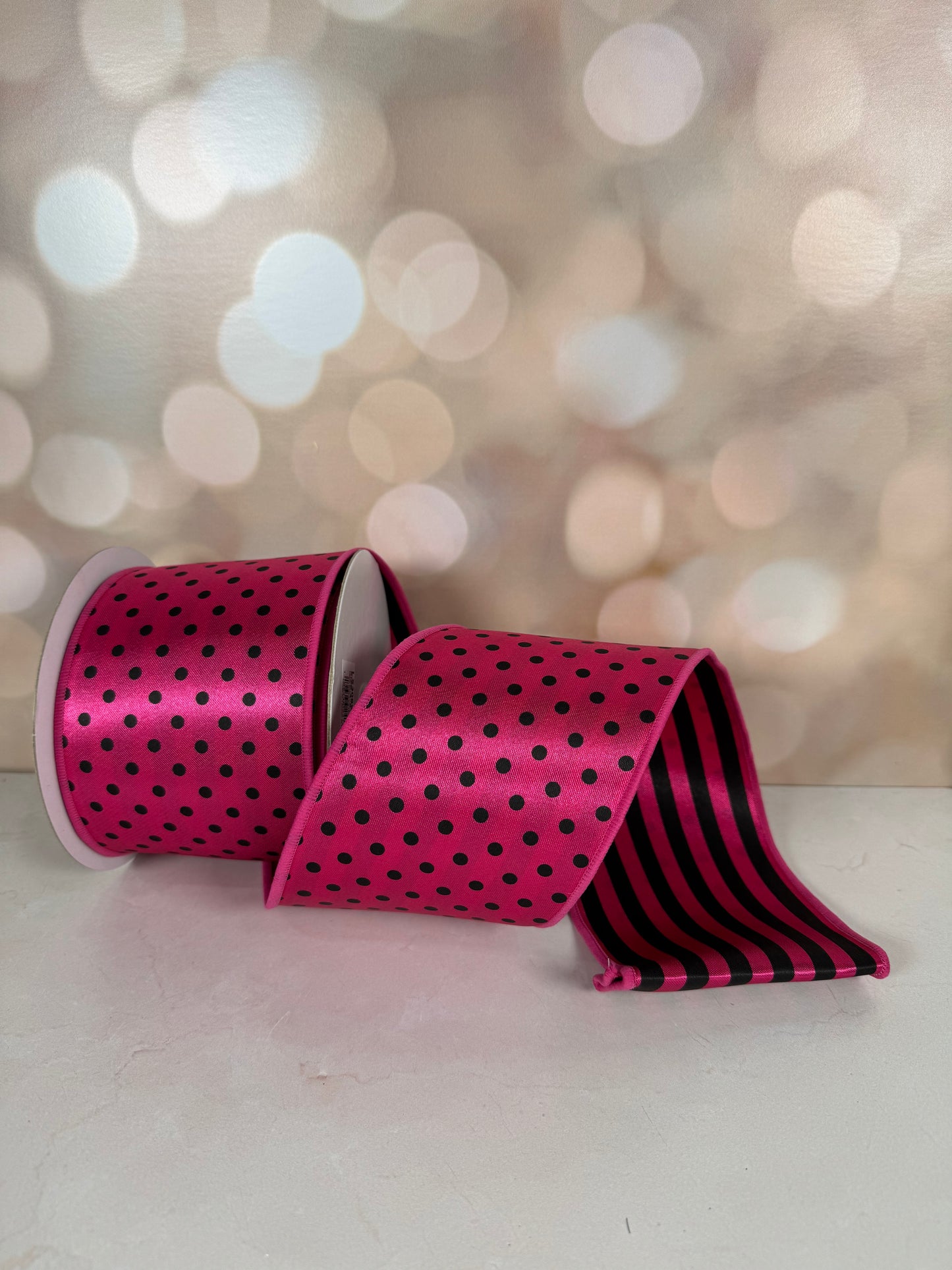 4"X10YD POLKA DOT/STRIPE/FUSED HOT PINK/BLACK - Burlap and Bling Decor