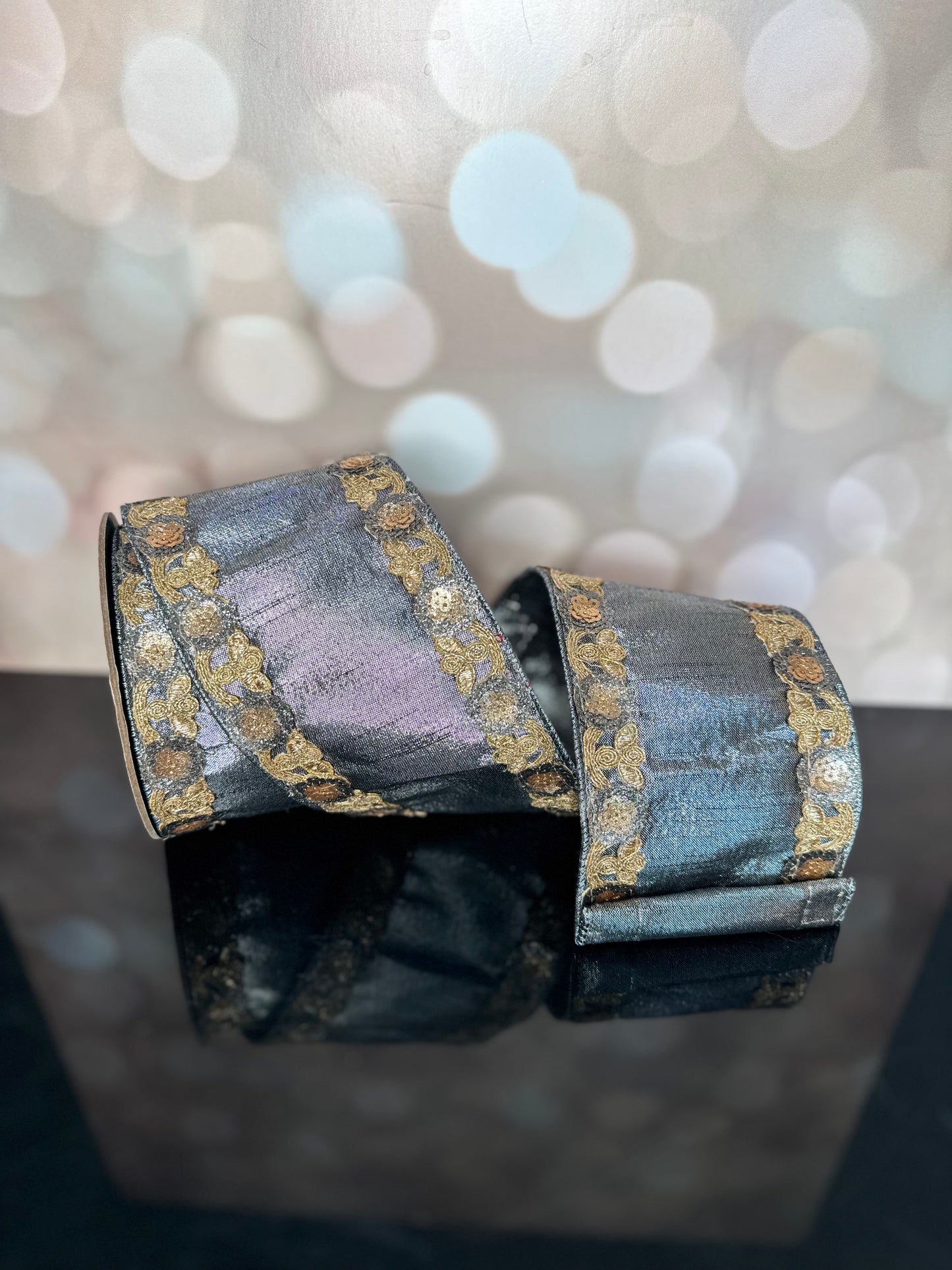 4“ X 5YDS METALLIC DUPION PEWTER GOLD SEQUIN FLORAL TRIM, PEWTER WIRED RIBBON - Burlap and Bling Decor