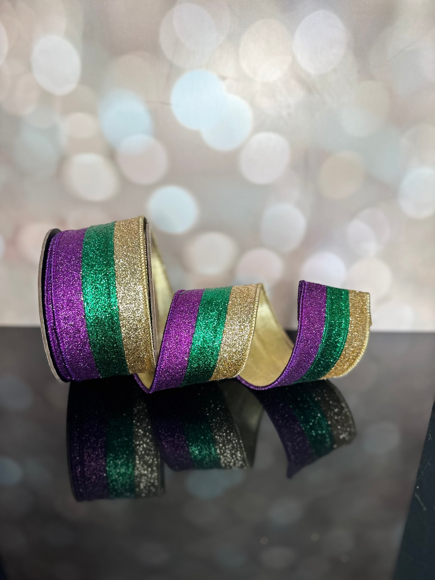 2.5“ X 10YDS GLITTER TRI COLOR STRIPES, PURPLE GREEN GOLD WIRED RIBBON - Burlap and Bling Decor