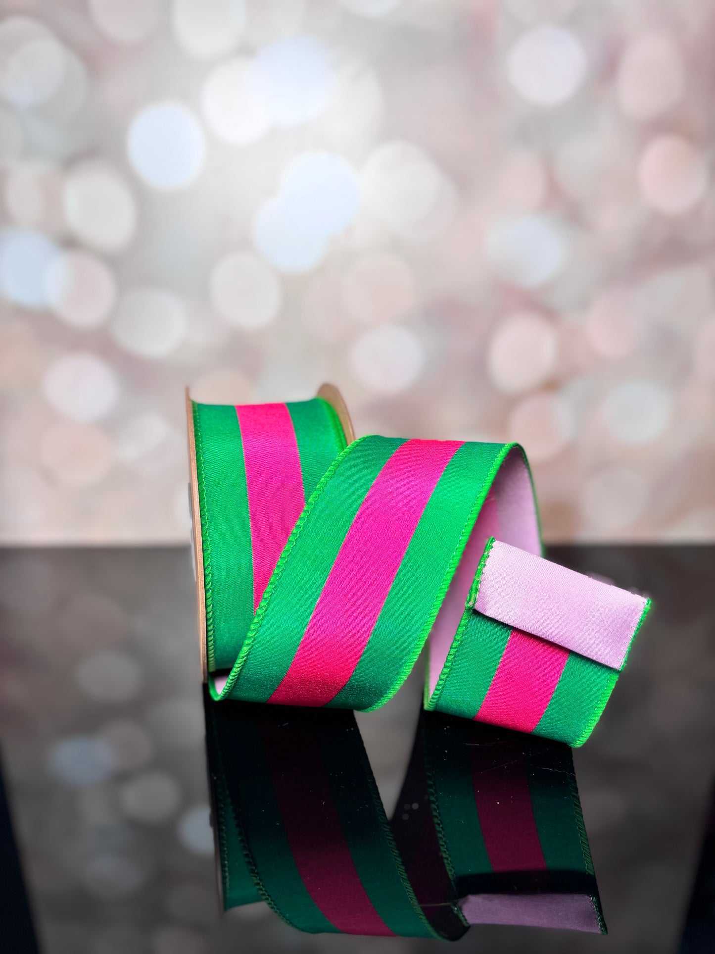 2 1/2" X 10YD Wired Dupioni Ribbon | Hot Pink and Green Stripe with Pink Backing - Burlap and Bling Decor