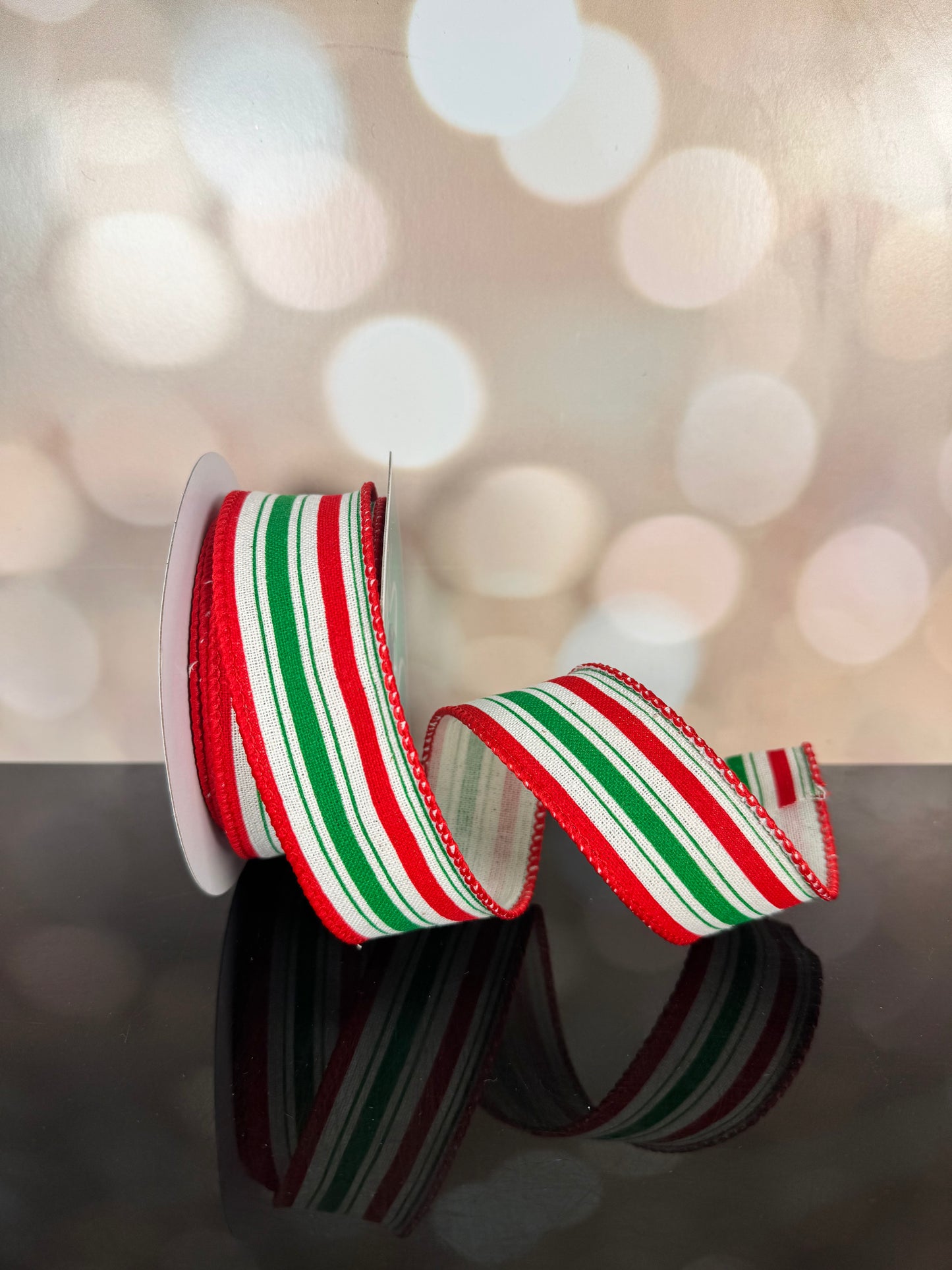 1.5"X10YD VERTICAL STRIPE/COTTON CREAM/RED/EMERALD WIRED RIBBON - Burlap and Bling Decor