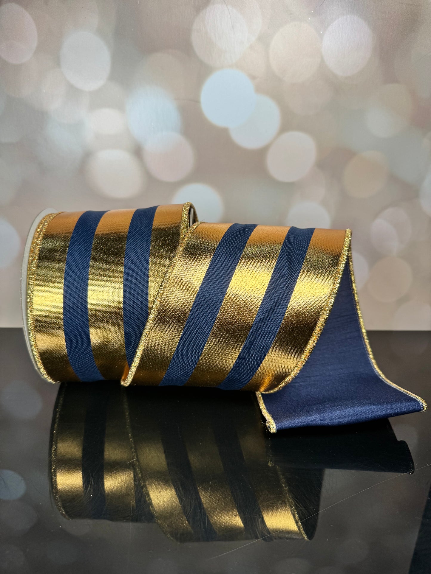 4"X10YD VERT FOIL STRIPE/SEWN NAVY/GOLD WIRED RIBBON - Burlap and Bling Decor