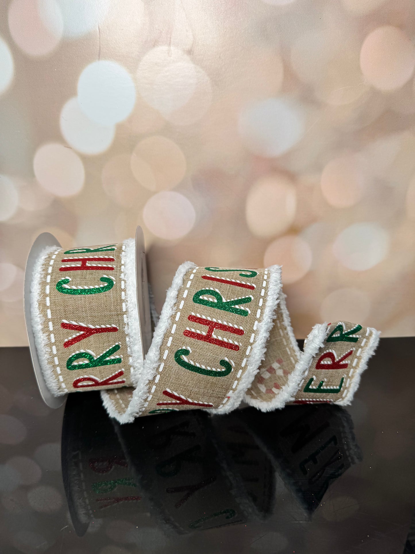 2.5"X10YD BOLD MERRY CHRISTMAS/DRIFT LT BEIGE/RED/EMERALD/WHT WIRED RIBBON - Burlap and Bling Decor
