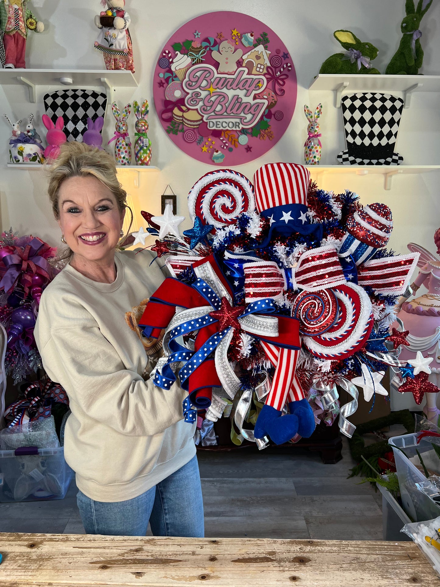 Uncle Sam Lollipop Wreath - Burlap and Bling Decor