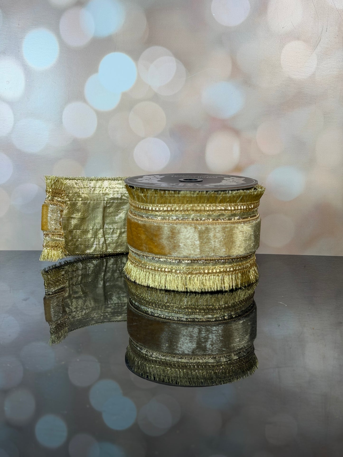 4 x 5 yrds GOLD PLUSH VELVET REGAL W/ FRINGE EDGE WIRED RIBBON