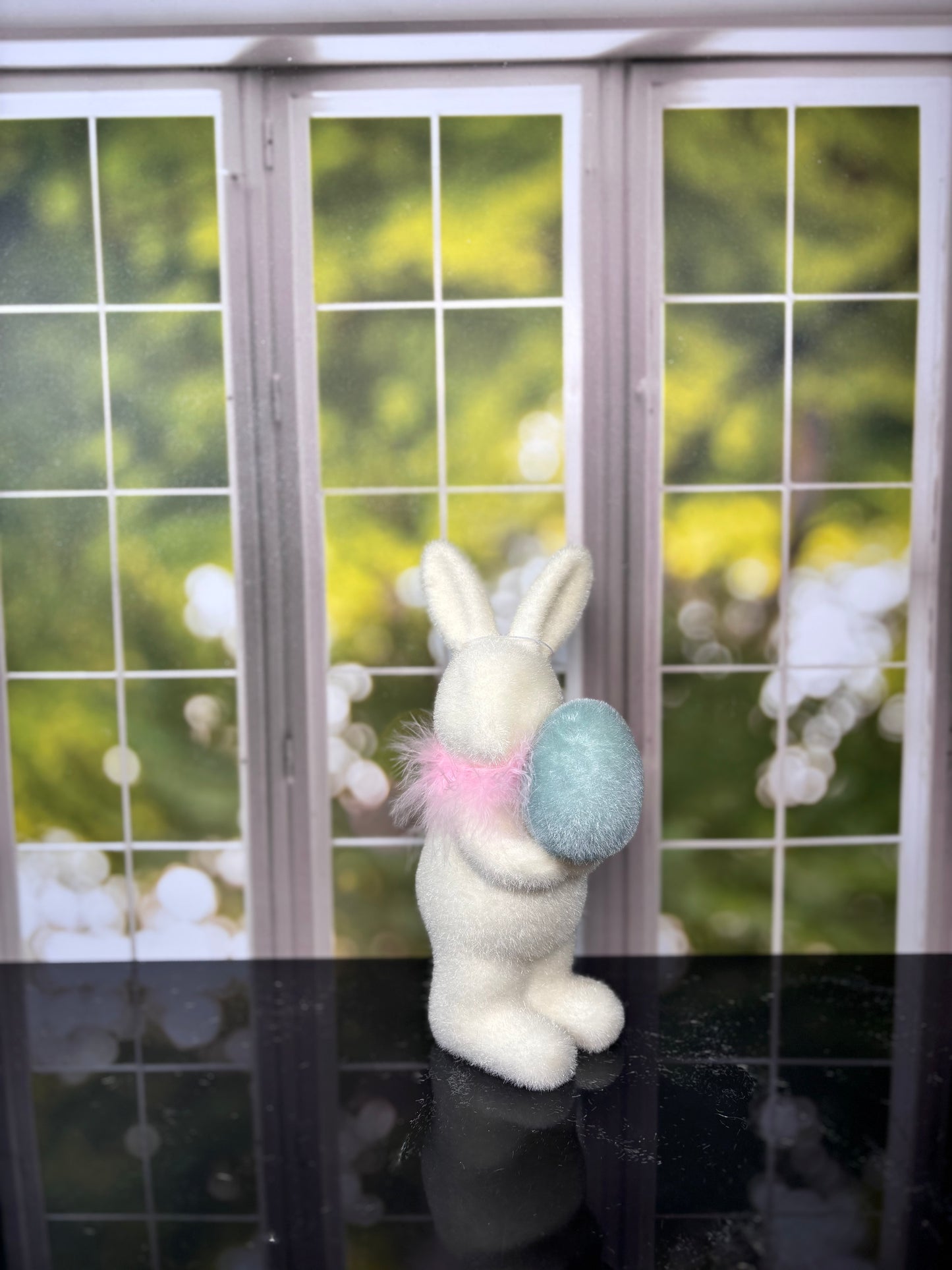 Flocked White Bunny w/Egg 4 Asst Sm Choose one - Burlap and Bling Decor