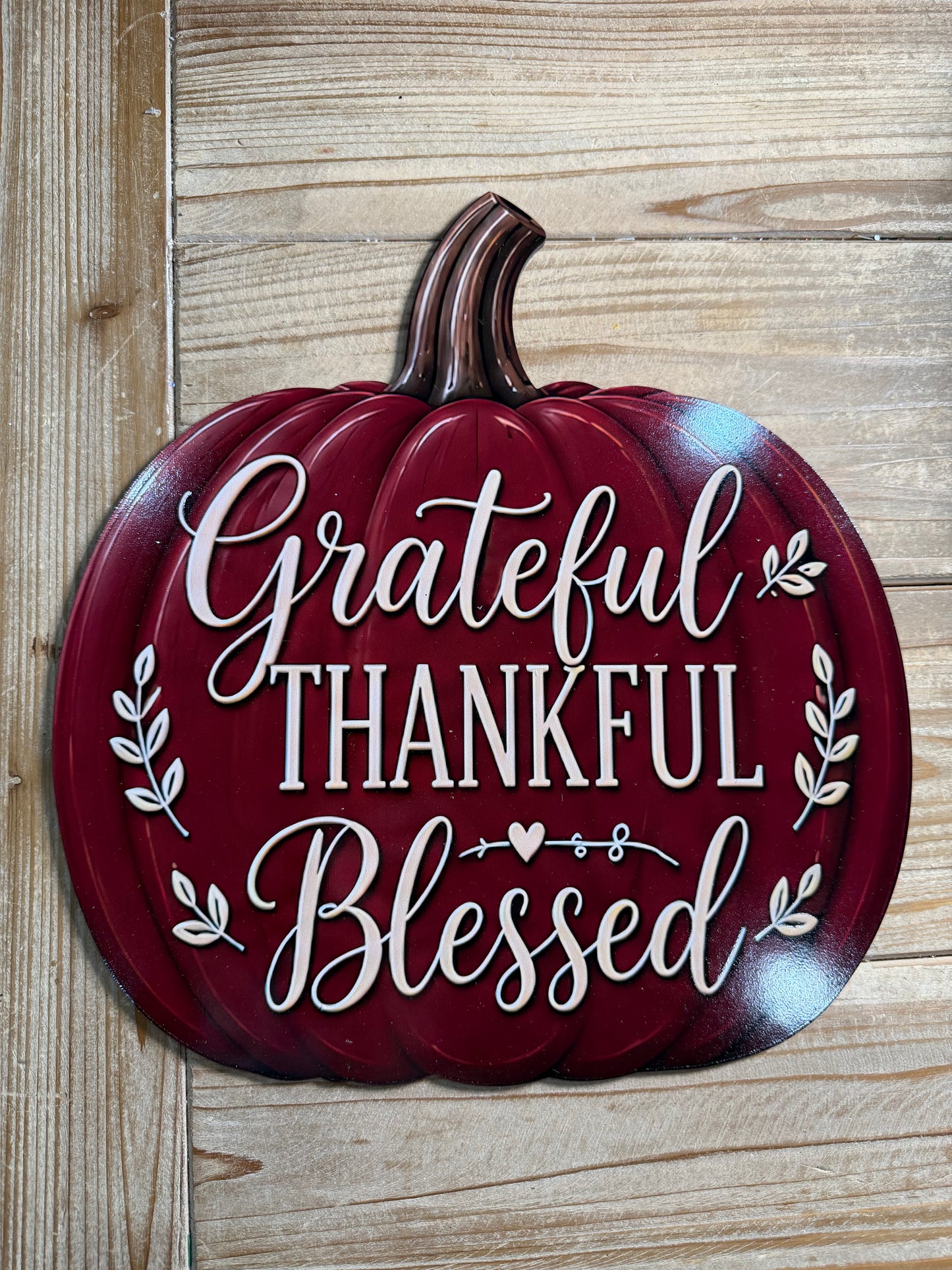 14" Grateful Thankful Blessed pumpkin Burgundy-Wood Sign