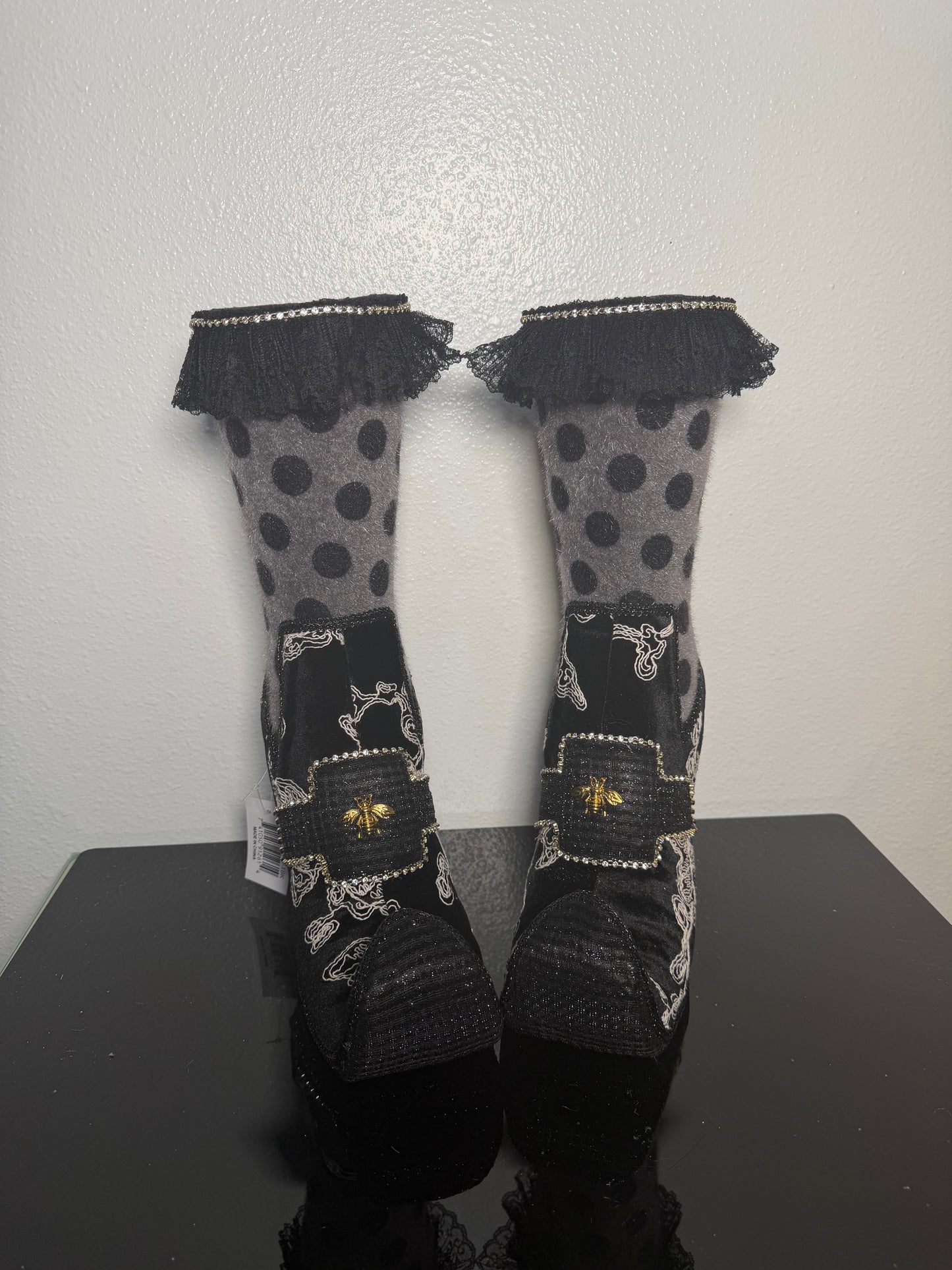 WITCHES BOOTS GREY AND BLACK POLKA DOT WHITE TRIM - Burlap and Bling Decor
