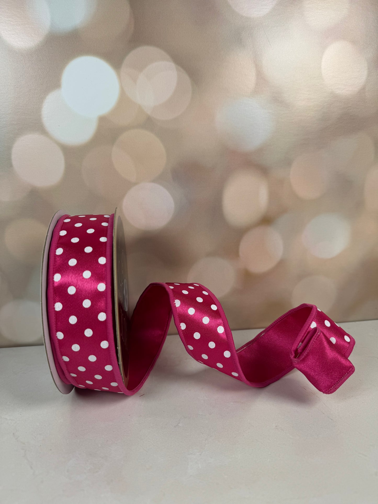 1.5"X10YD SMALL POLKA DOT/FUSED HOT PINK/WHITE - Burlap and Bling Decor