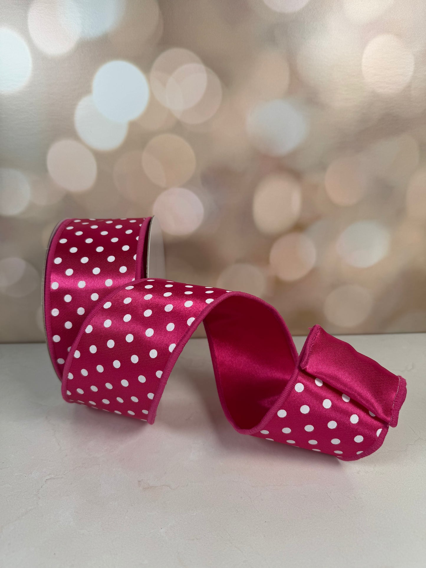 2.5"X10YD SMALL POLKA DOT/FUSED HOT PINK/WHITE - Burlap and Bling Decor