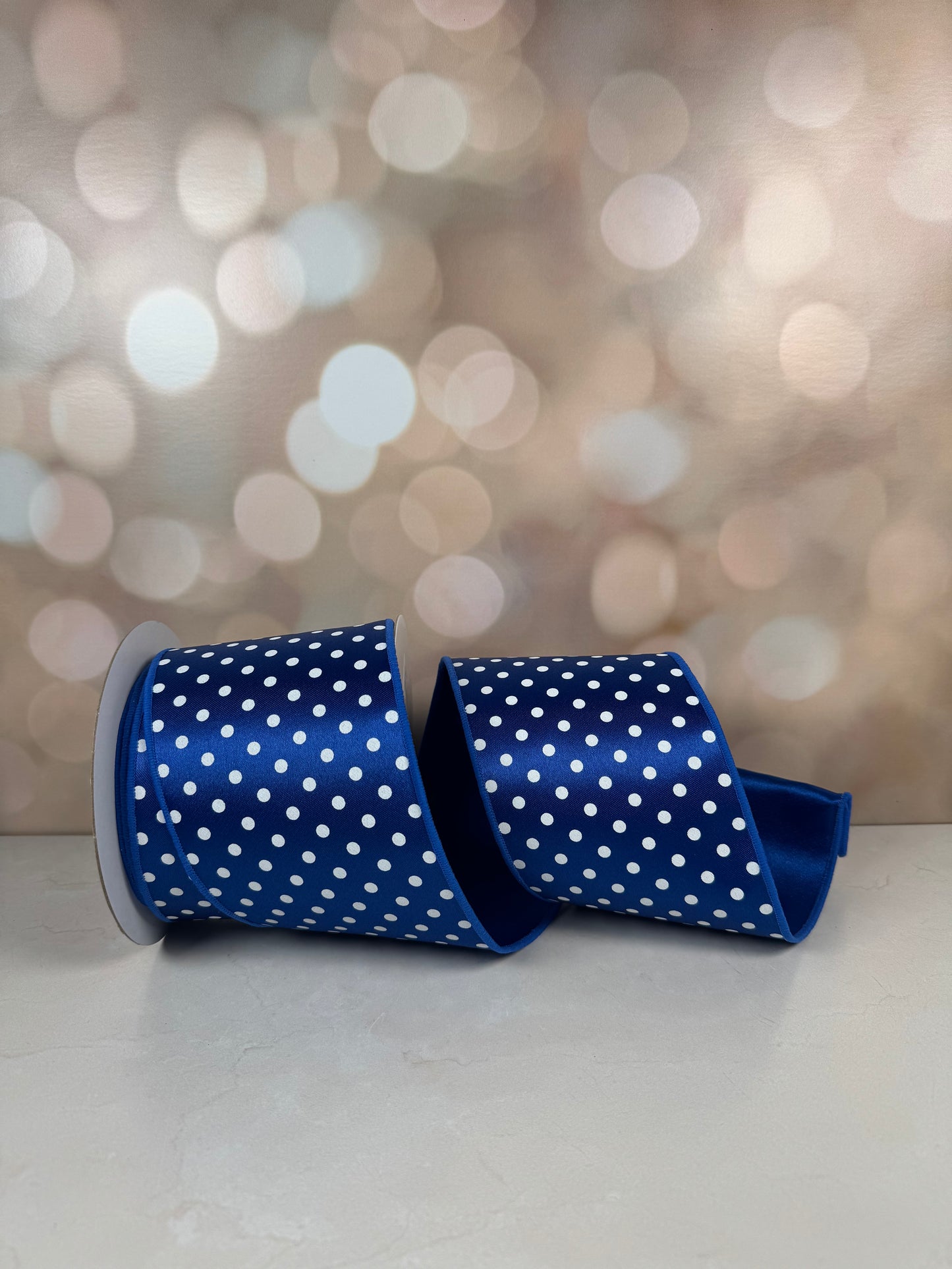 4"X10YD SMALL POLKA DOT/FUSED ROYAL BLUE/WHITE - Burlap and Bling Decor