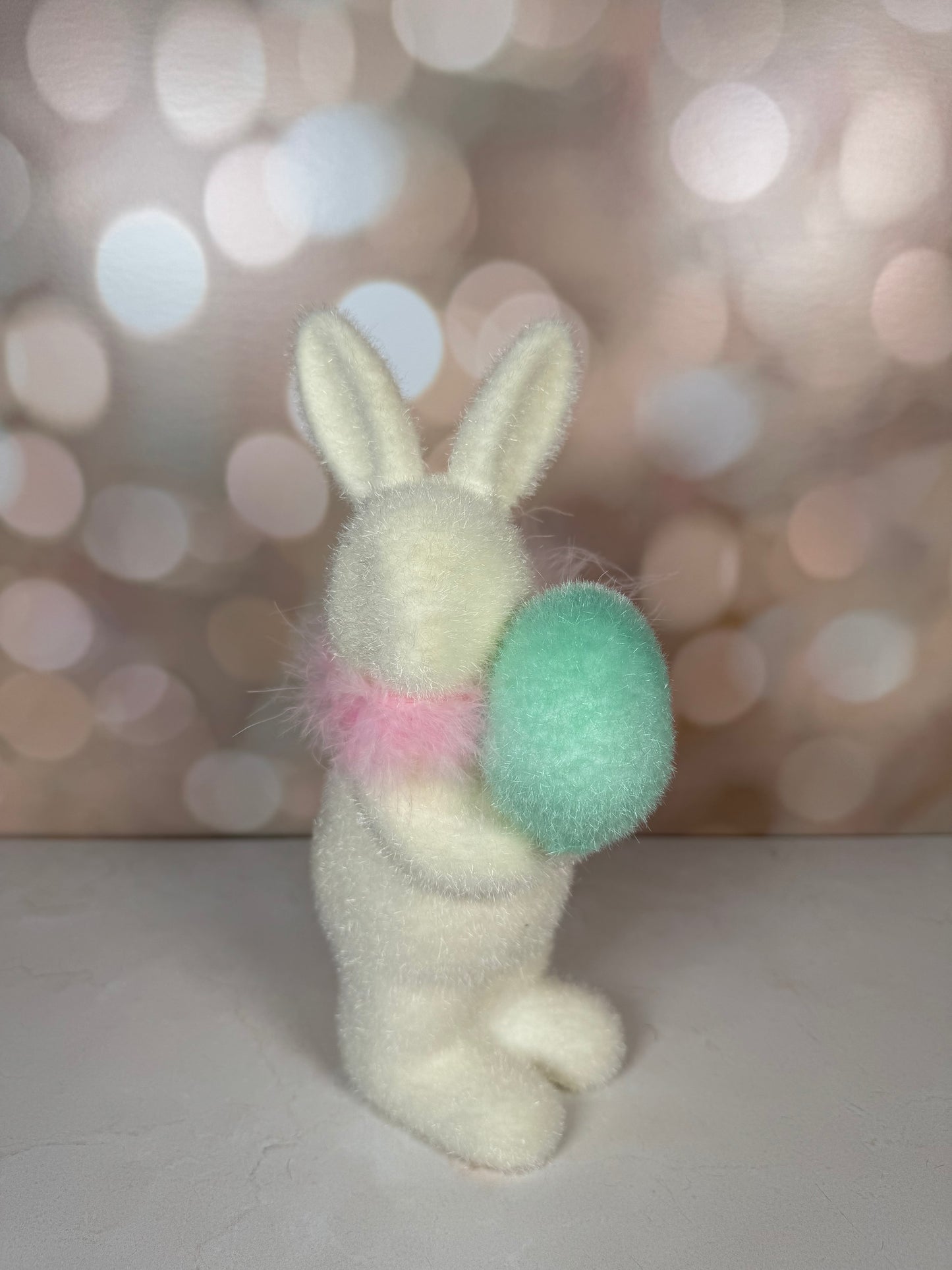 Flocked White Bunny w/Egg, 4 Asst, Lg, 16" yellow ,teal, lavender, Hot Pink, CHOOSE ONE - Burlap and Bling Decor