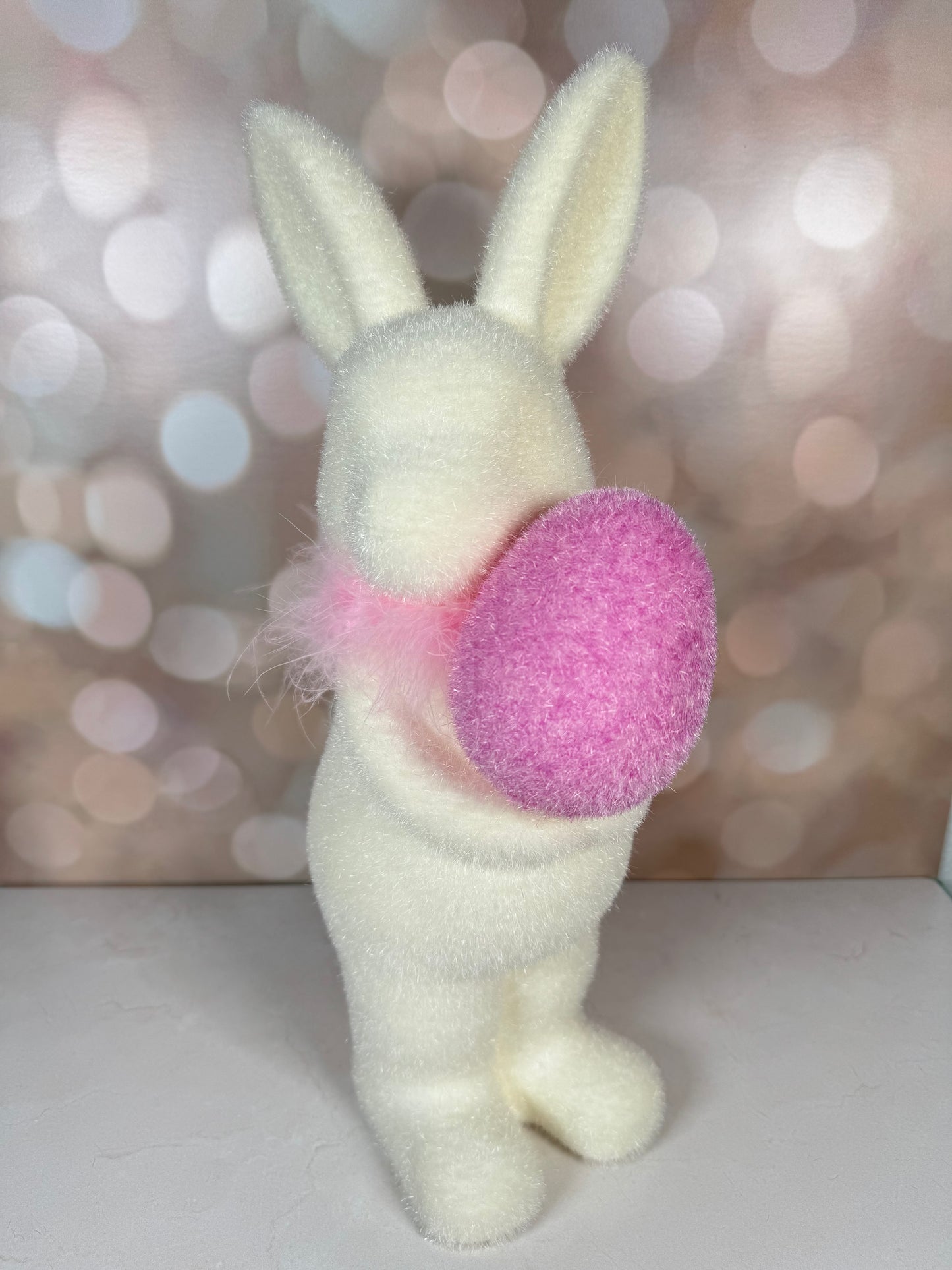 Flocked White Bunny w/Egg, 4 Asst, Lg, 16" yellow ,teal, lavender, Hot Pink, CHOOSE ONE - Burlap and Bling Decor