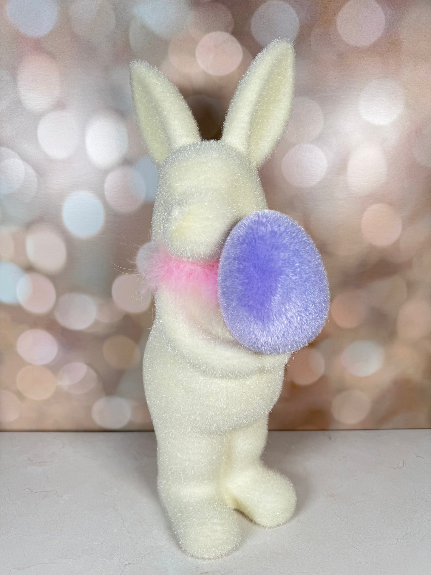 Flocked White Bunny w/Egg, 4 Asst, Lg, 16" yellow ,teal, lavender, Hot Pink, CHOOSE ONE - Burlap and Bling Decor