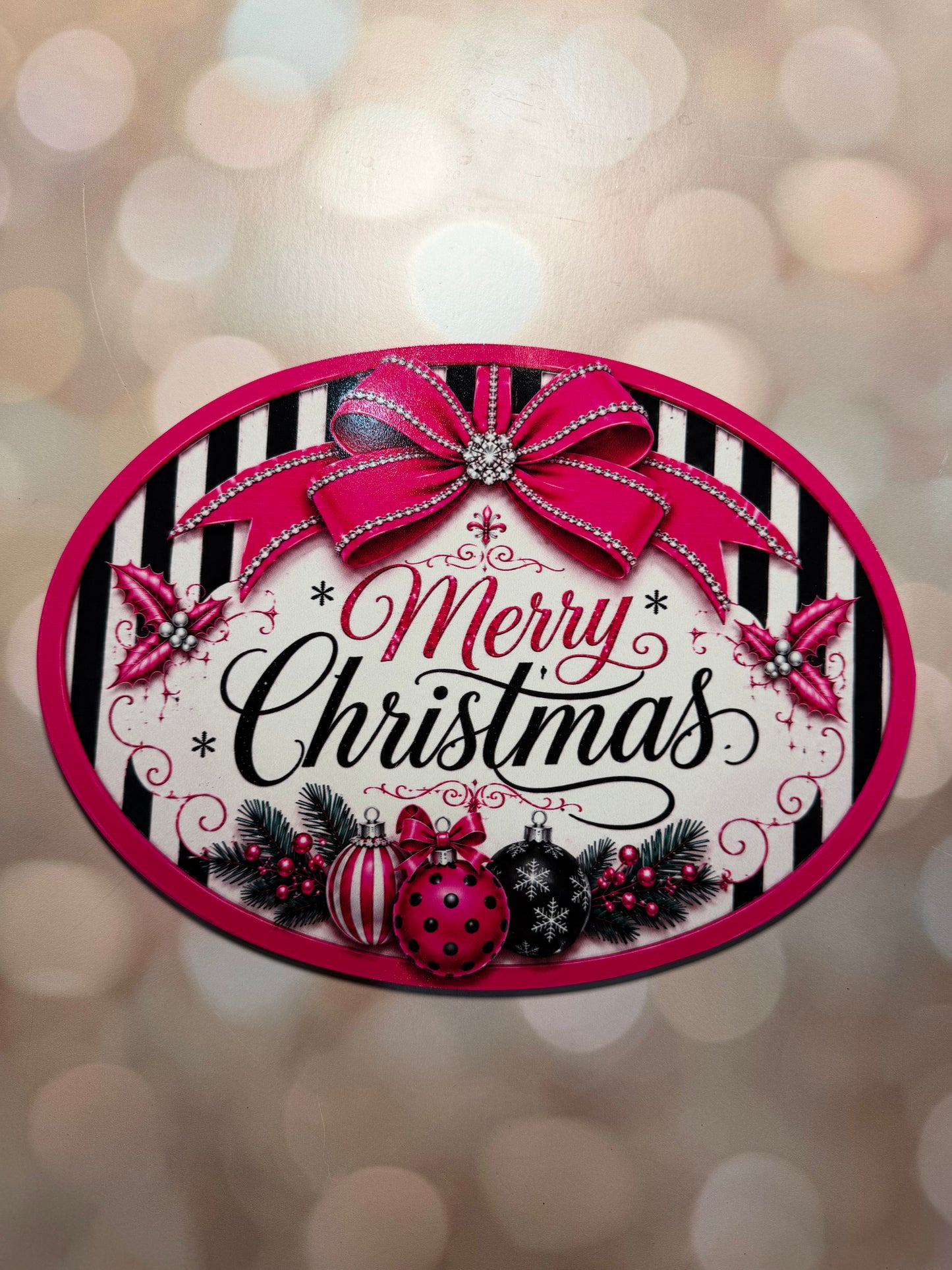 Stripped Black & Pink 12" Christmas Oval Sign
