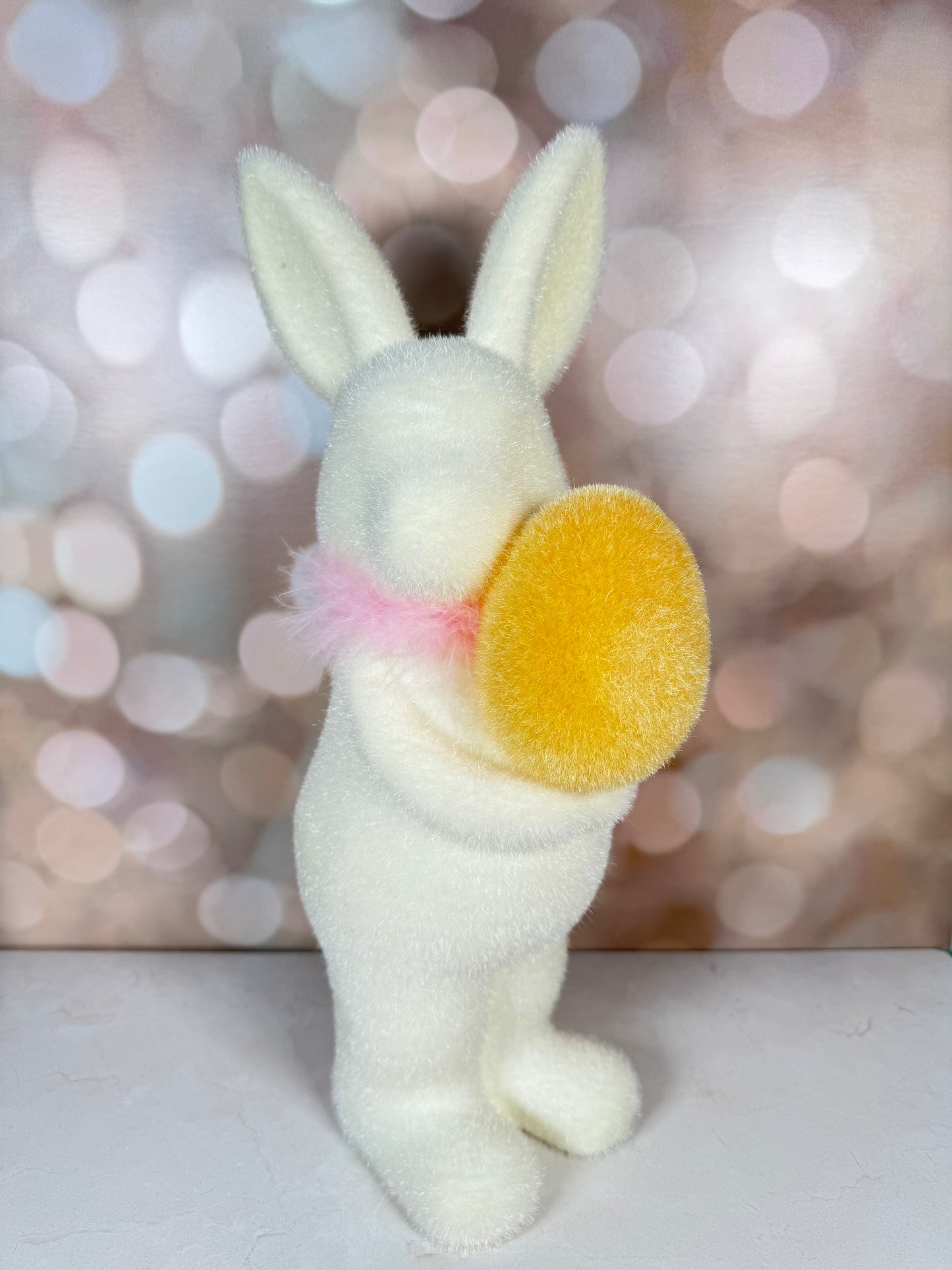 Flocked White Bunny w/Egg, 4 Asst, Lg, 16" yellow ,teal, lavender, Hot Pink, CHOOSE ONE - Burlap and Bling Decor