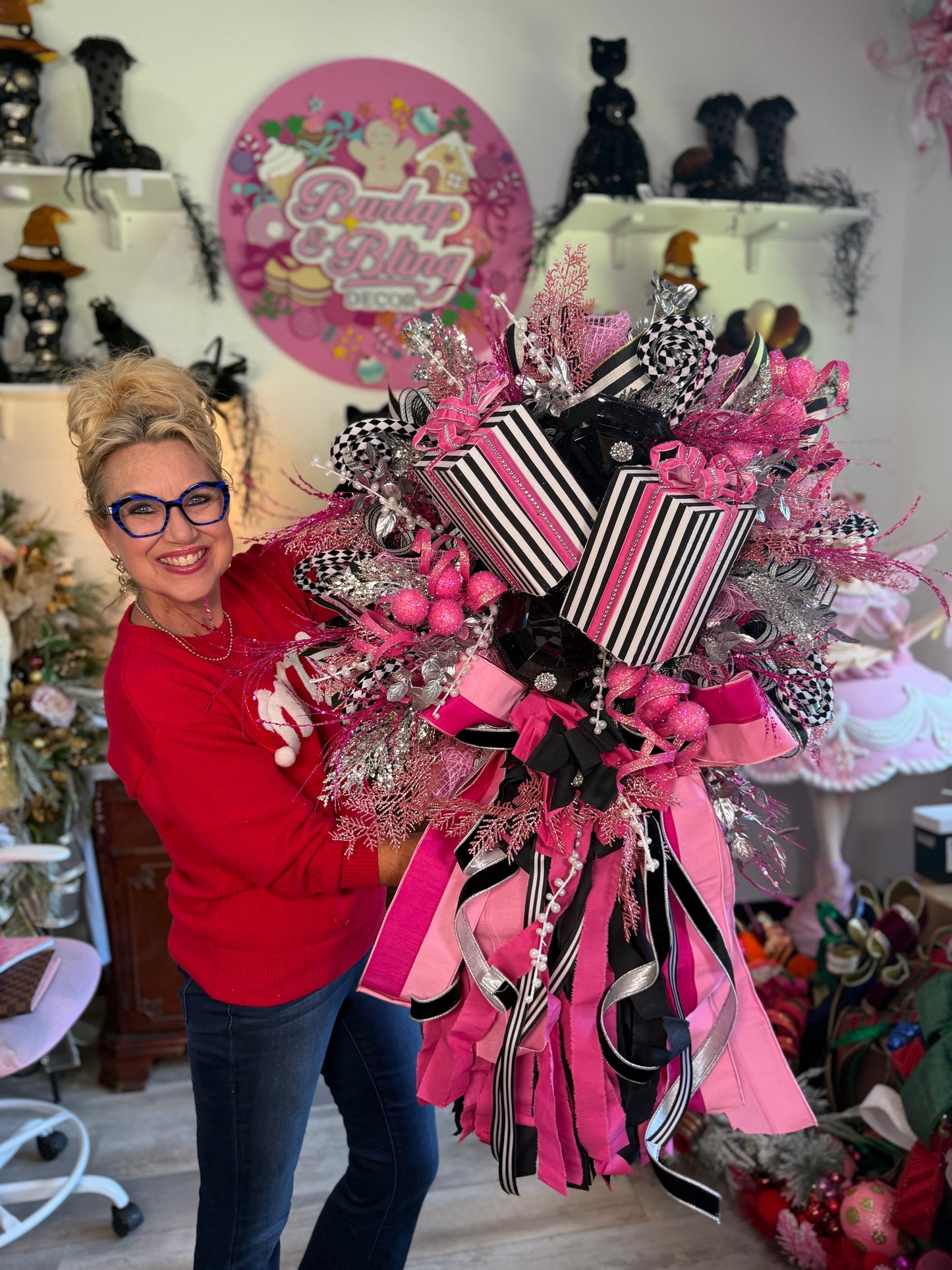 Pink & Black Gift Box + Rag Bow Wreath