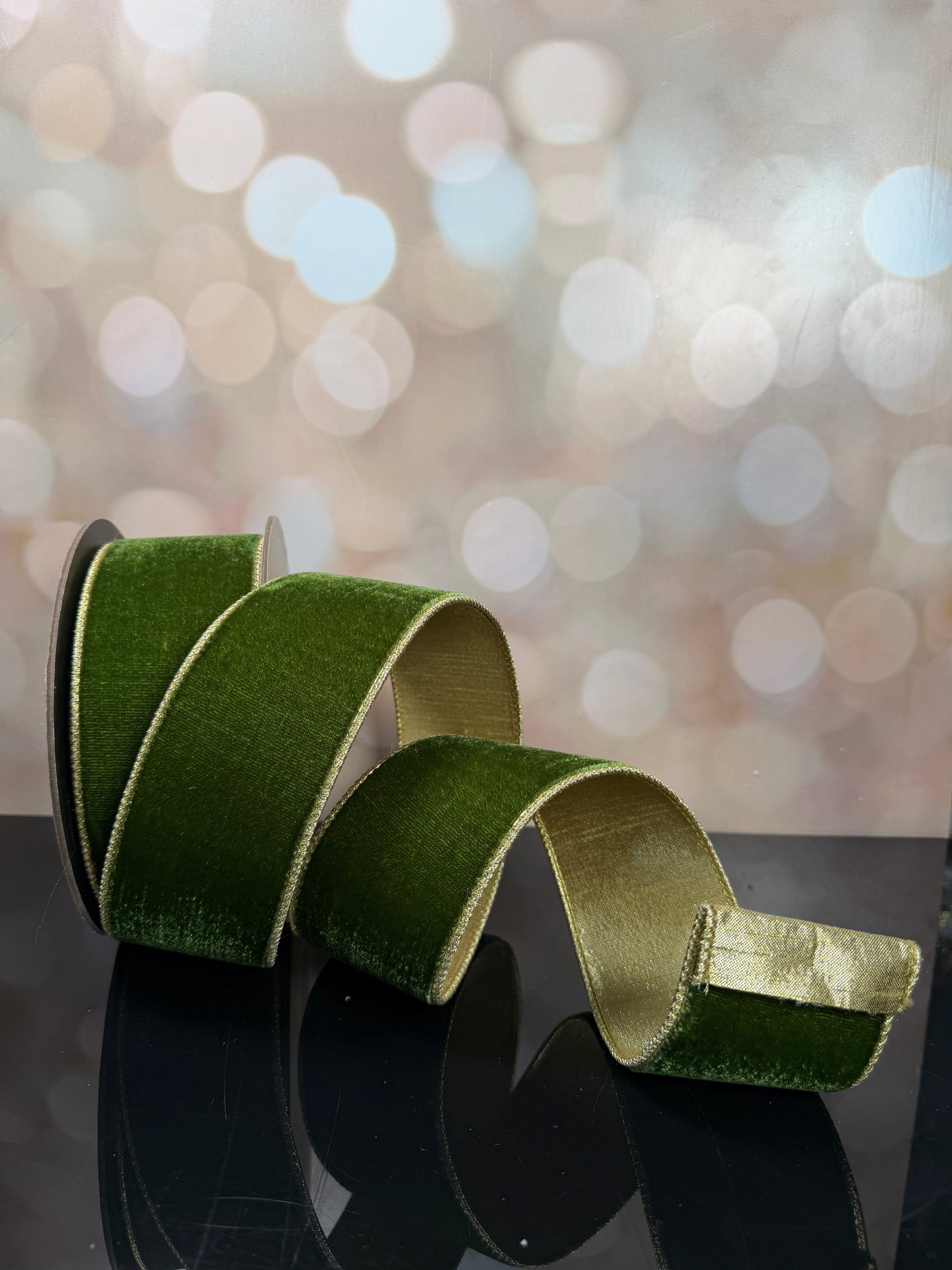2.5" x 10yds lush velvet metallic light gold back, forest green