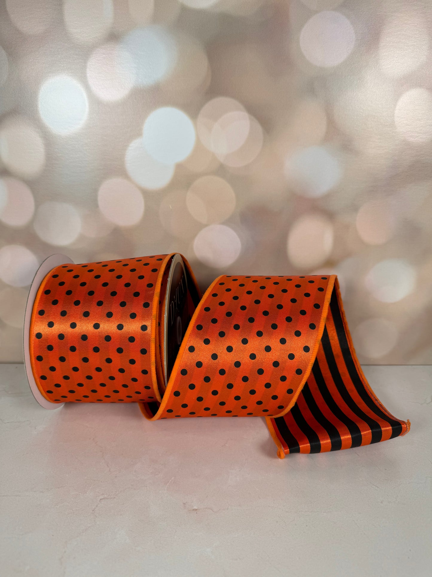 4"X10YD POLKA DOT/STRIPE/FUSED ORANGE/BLACK - Burlap and Bling Decor