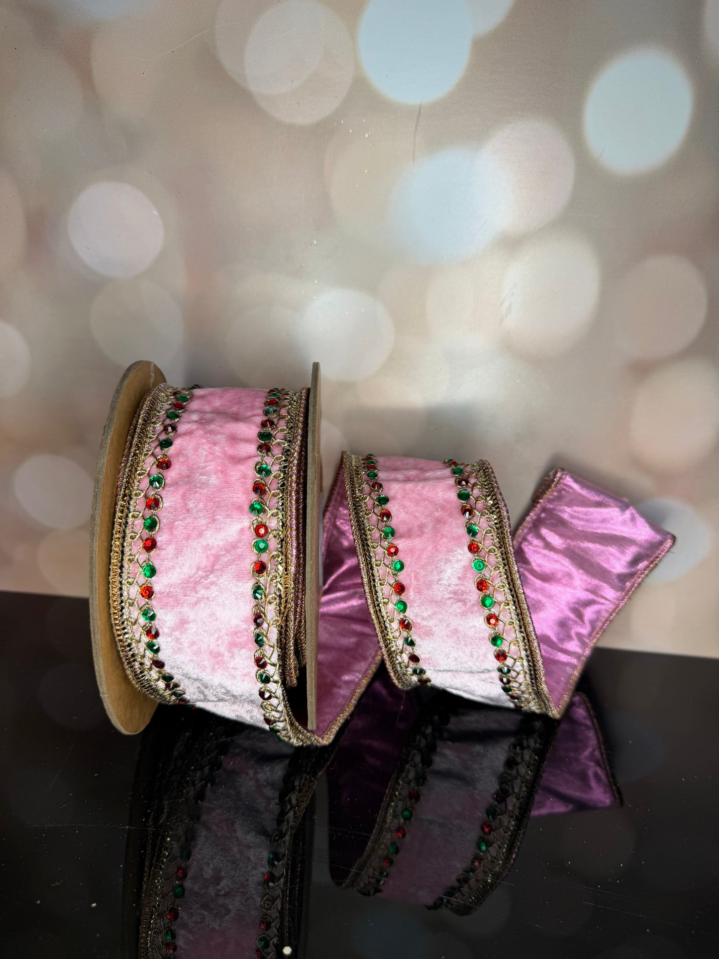 2.5"X5YDS VELVET PINK DOUBLE-SIDED BEADED TRIM W METALLIC DUPIONI FUSED BACKING WIRED RIBBON