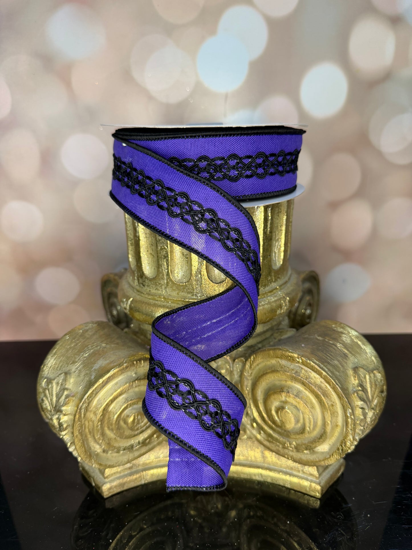 1.5"X10YD Purple with Black Lace Trim Purple Wired Ribbon - Burlap and Bling Decor