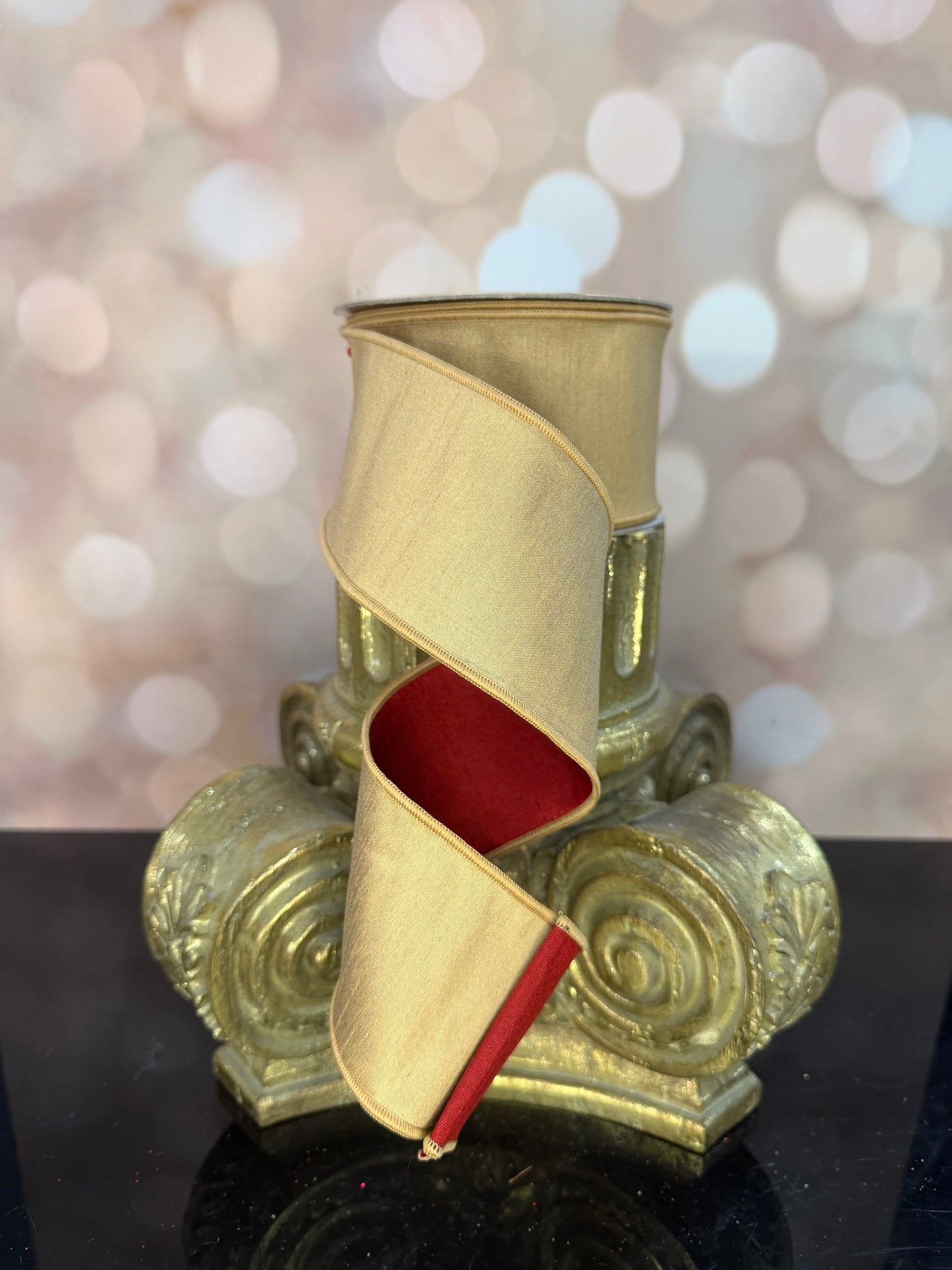 2.5"X10YD-GOLD/CRANBERRY DUPIONI WIRED RIBBON - Burlap and Bling Decor