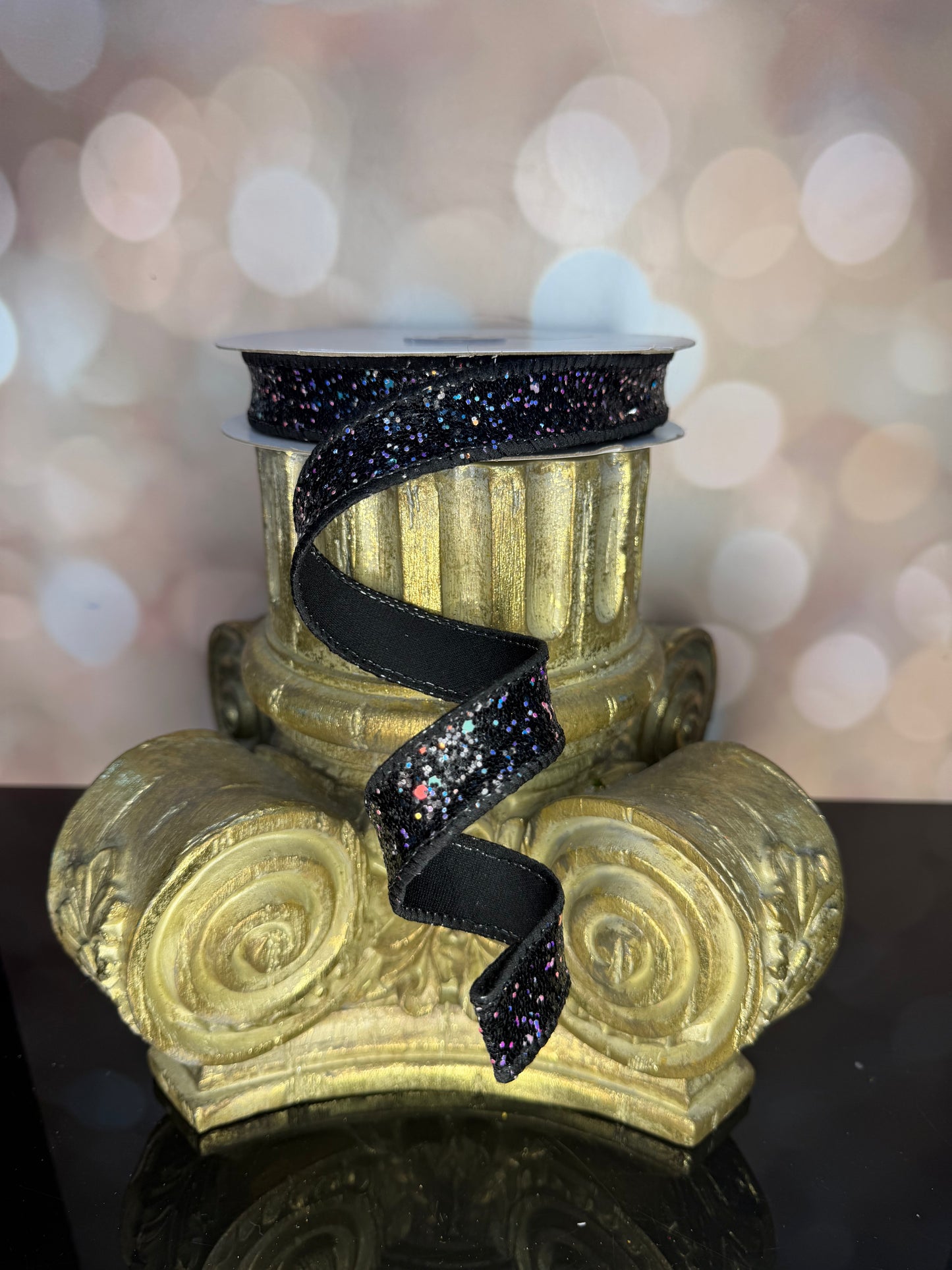 7/8"X10YD BLACK HEXAGON GLITTER/FUSED - Burlap and Bling Decor