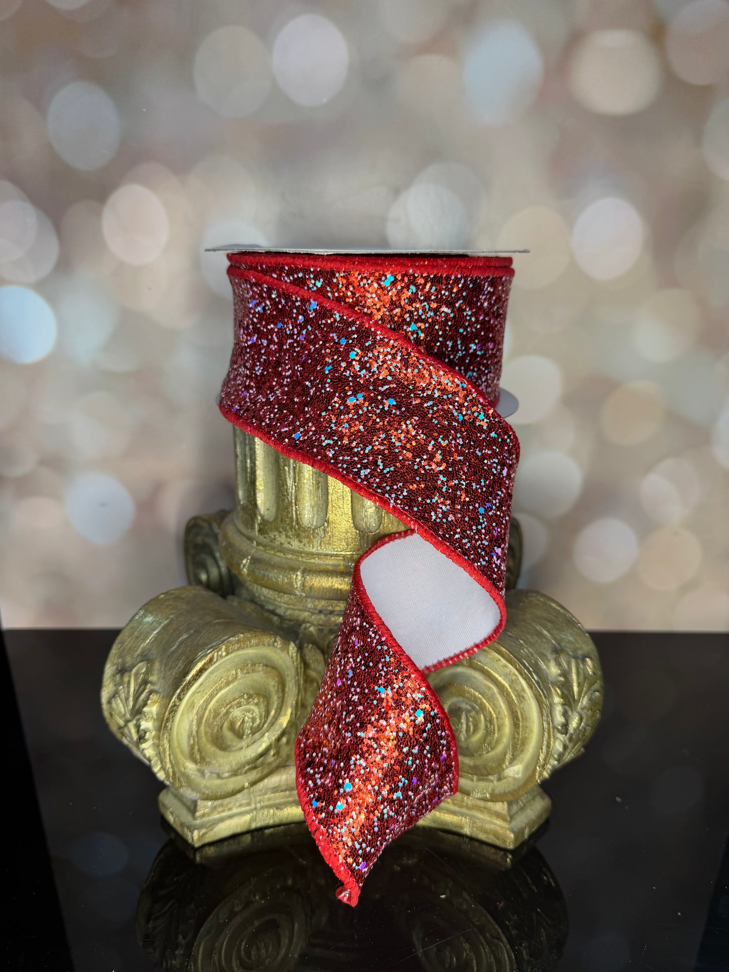 2.5"X10YD RED HEXAGON GLITTER/FUSED - Burlap and Bling Decor
