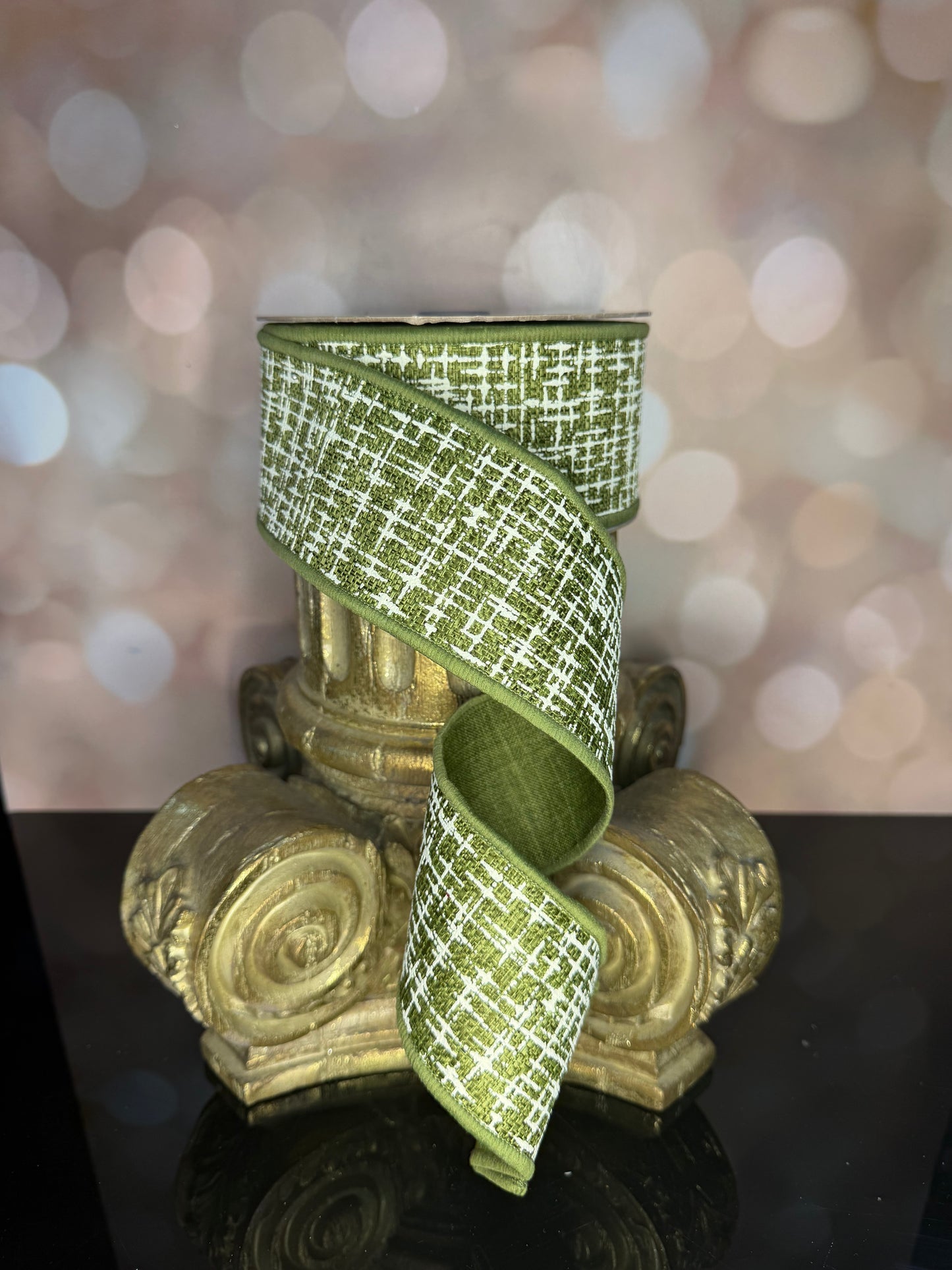 2.5"X10YD KNIT LOOK TEXTURE/FUSED MOSS GREEN/IVORY - Burlap and Bling Decor