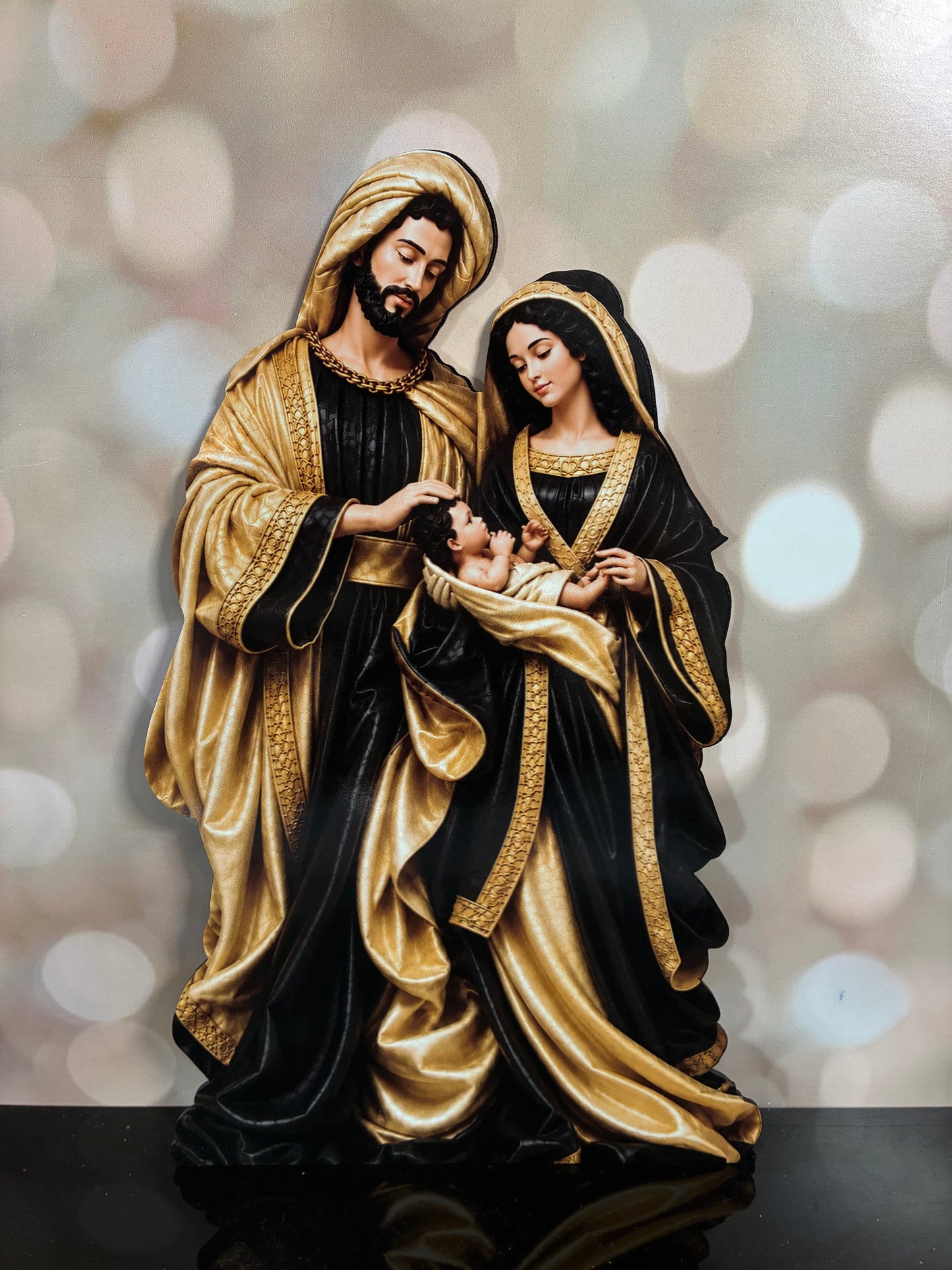 Holy Family Wood Sign - Black/Gold 16" Light Tone FLAT SIGN