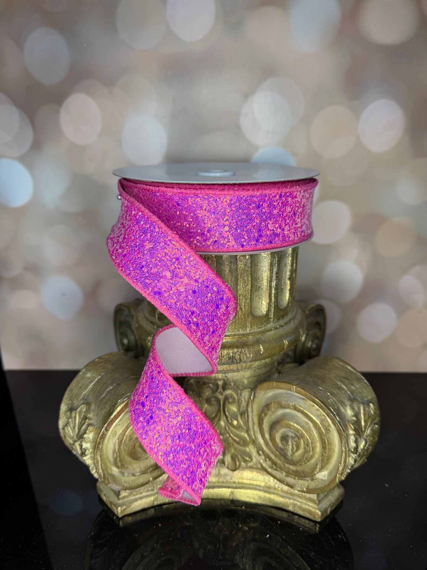 1.5"X10YD HOT PINK HEXAGON GLITTER/FUSED - Burlap and Bling Decor