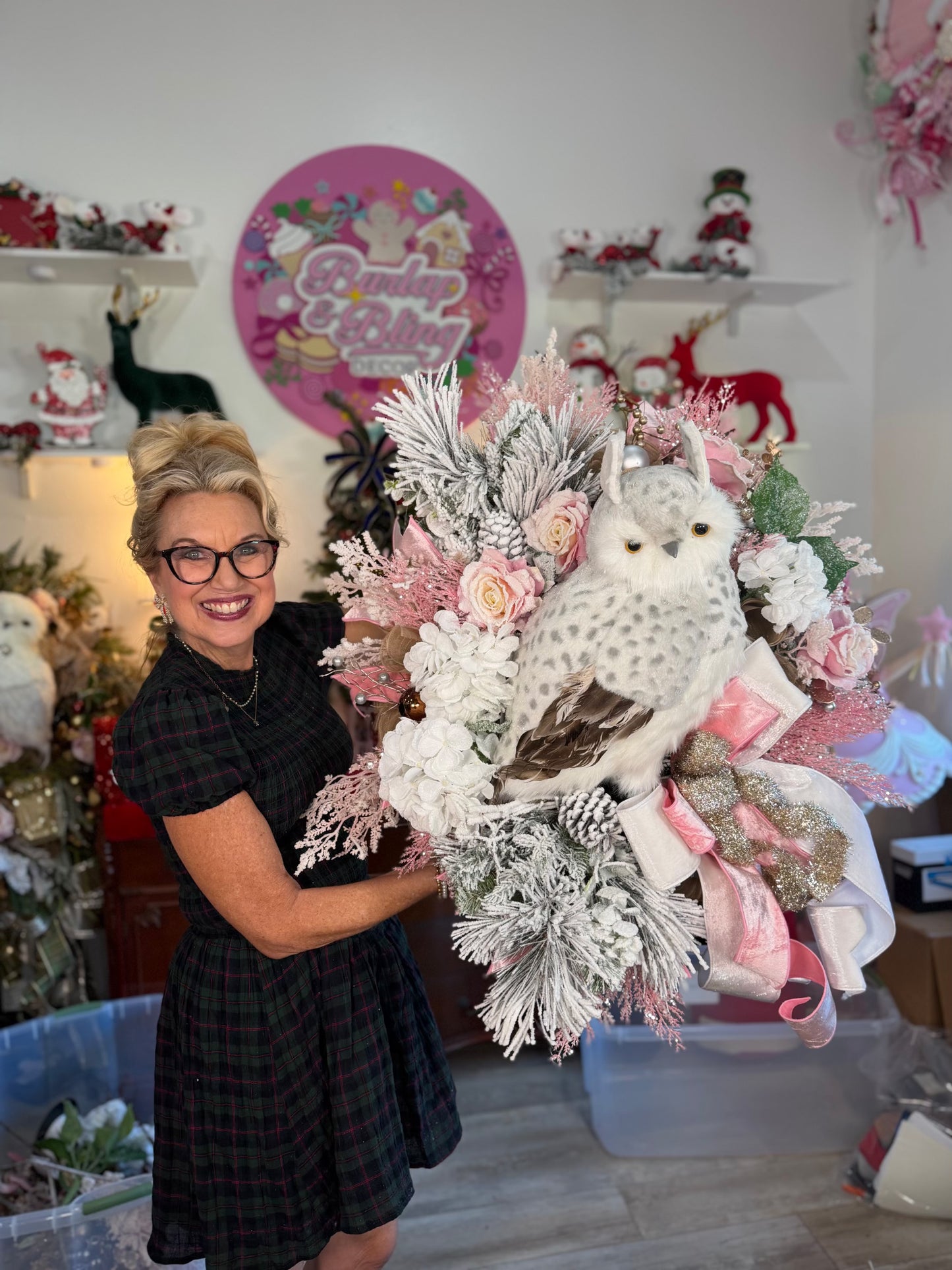Snowy Pink Owl Wreath - Burlap and Bling Decor