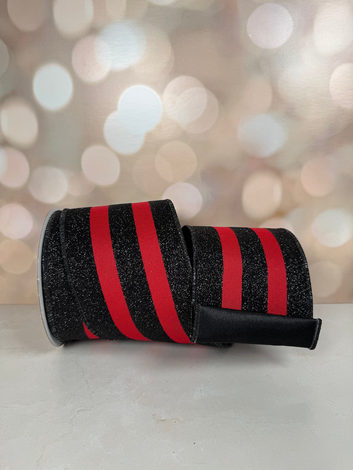 4"X10YD VERT GLITTER STRIPE/SEWN RED/BLACK