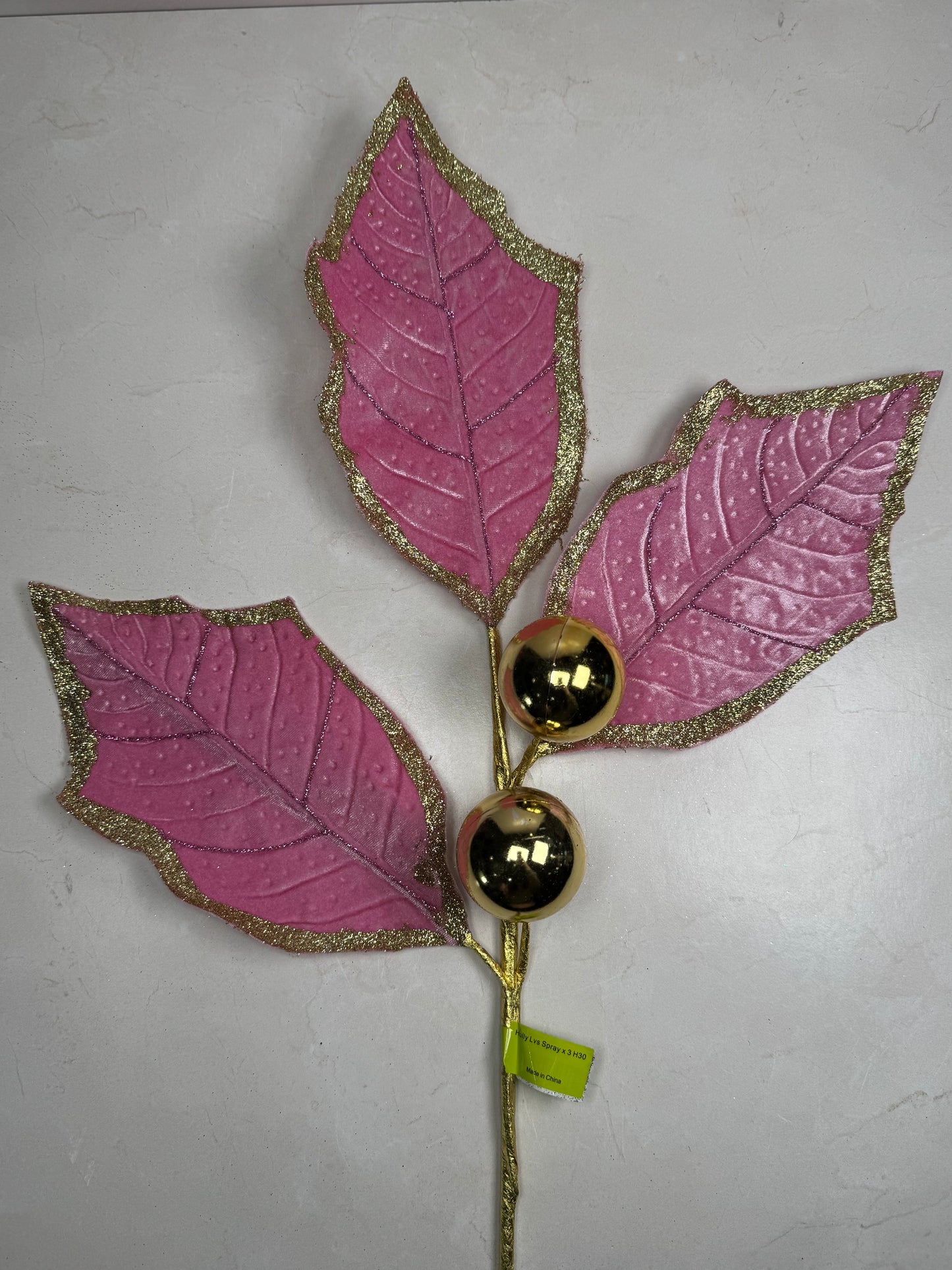 Pink/Gold Holly Leaves Spray - Burlap and Bling Decor