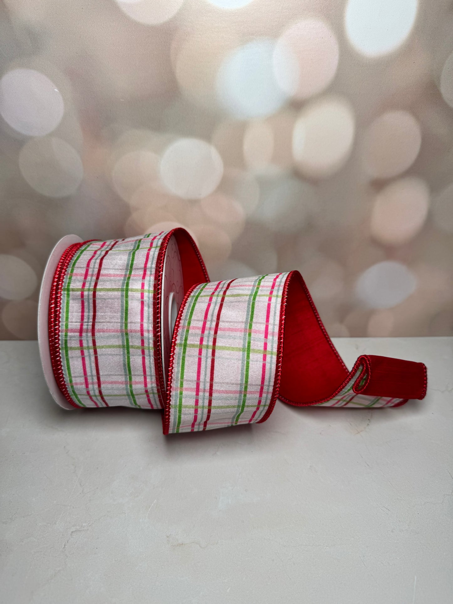 2.5" X 10 Yds Check Print on Satin with lame back white red aqua pink - Burlap and Bling Decor