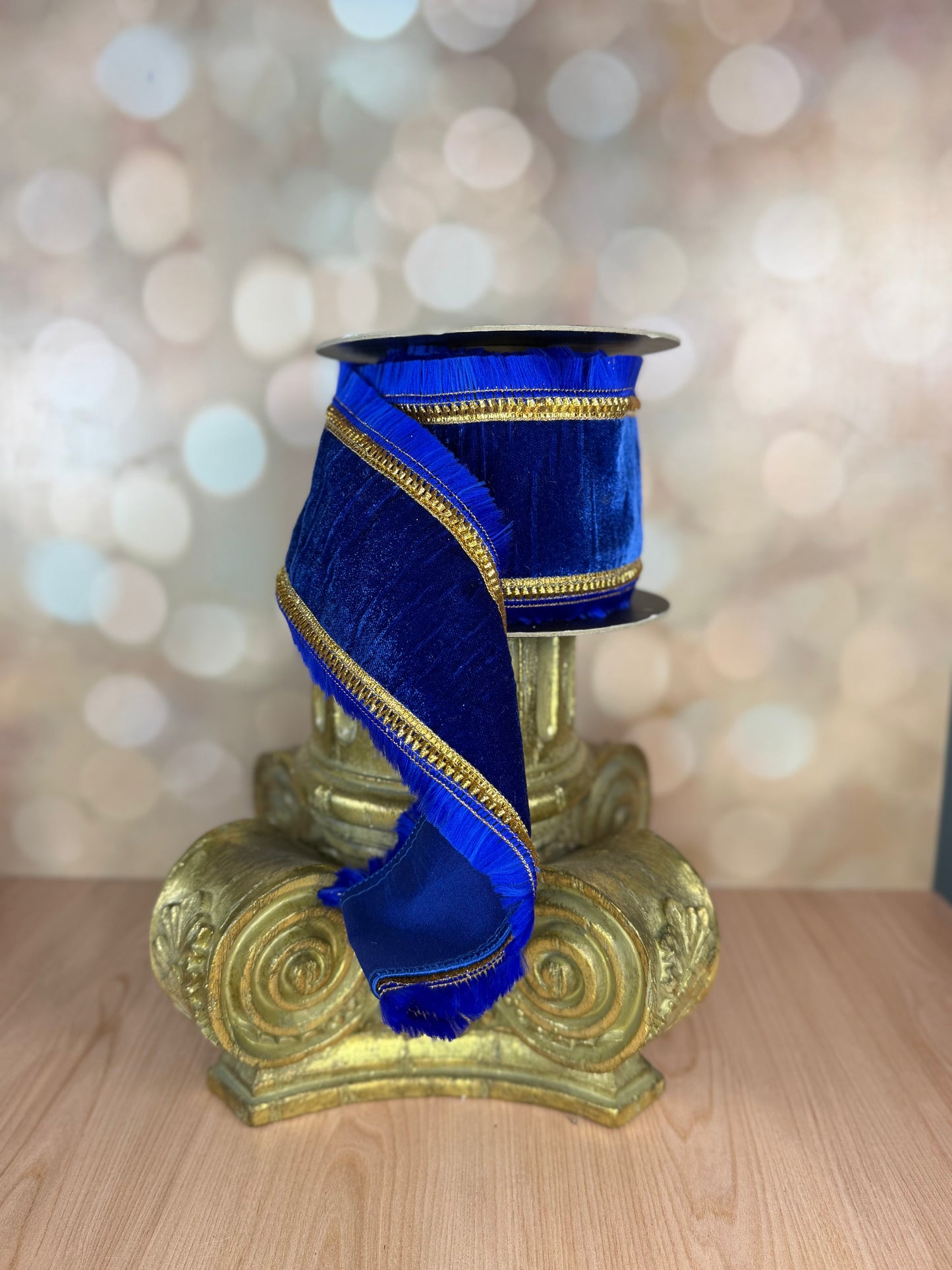 4" x 5 yds Royal Blue Velvet Ribbon with Royal Blue Fringe and Gold Trim - Burlap and Bling Decor