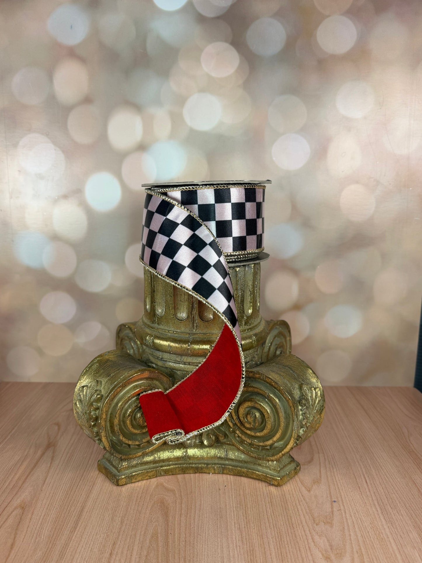 2.5" x 10 yds BLACK/WHITE CHECK AND RED BACK AND GOLD EDGE - Burlap and Bling Decor