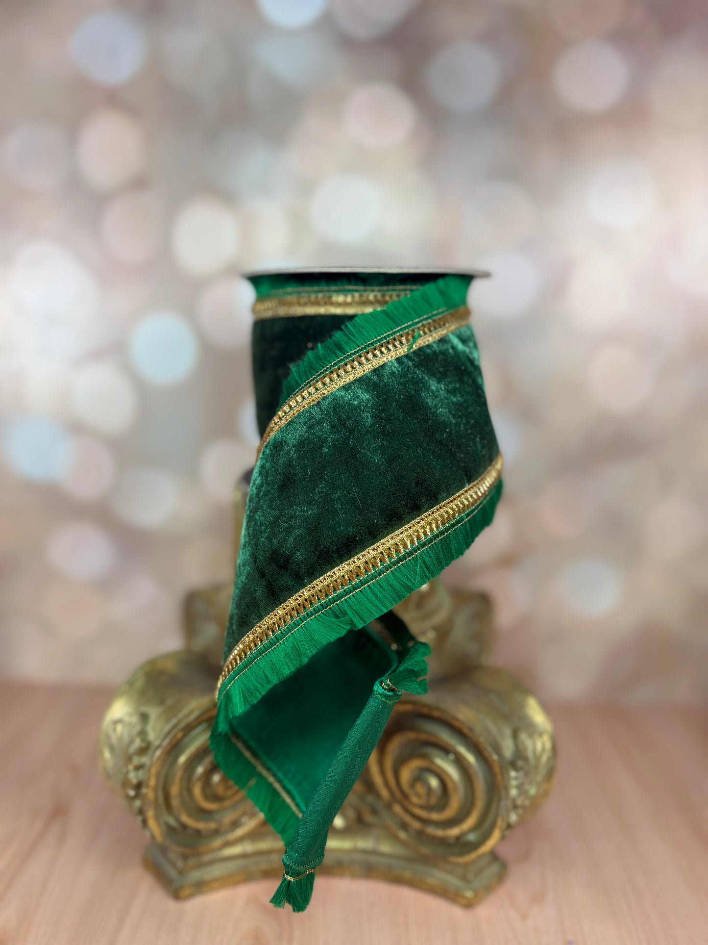 4" x 5 Yard Emerald Green Velvet Ribbon with Fringe Edge & Dupioni Backing - Burlap and Bling Decor
