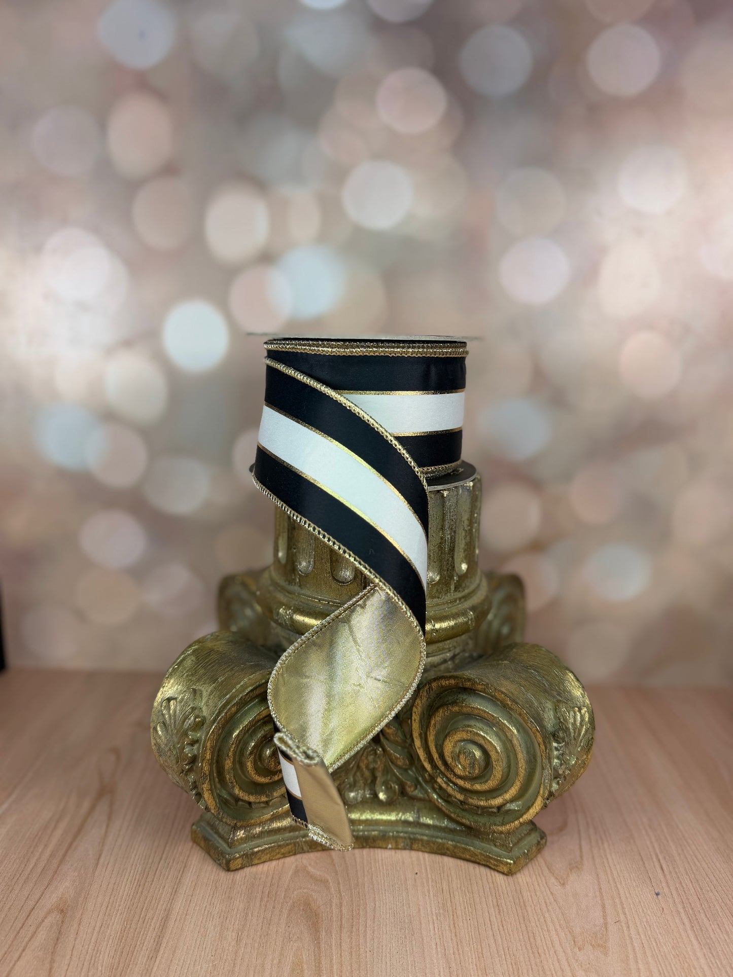 2.5" x 10 yds BLACK/WHITE WITH GOLD LINE WITH GOLD LAME BACK - Burlap and Bling Decor