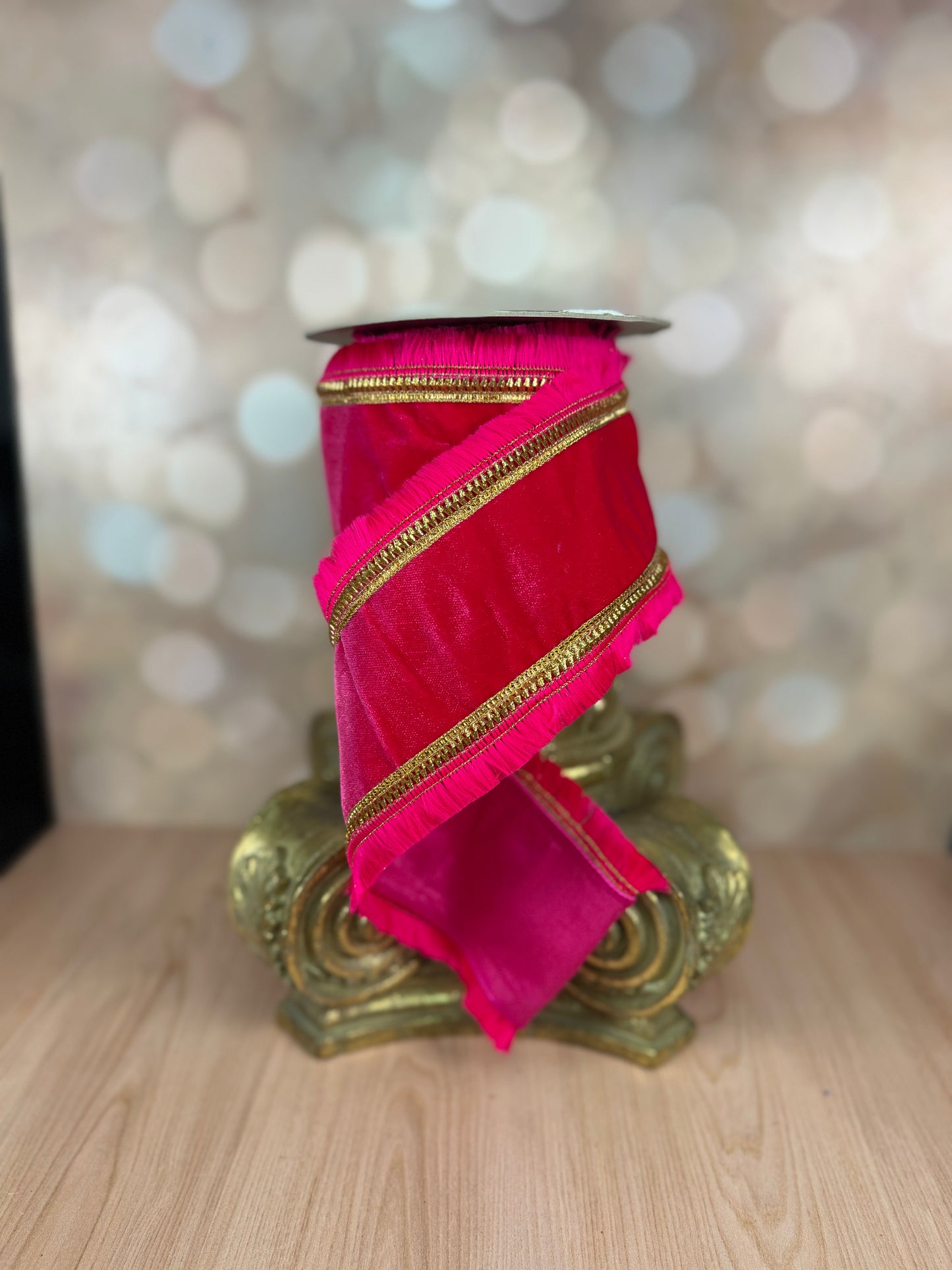 4" x 5 yds Hot Pink Velvet Ribbon with Hot Pink and Gold Trim - Burlap and Bling Decor
