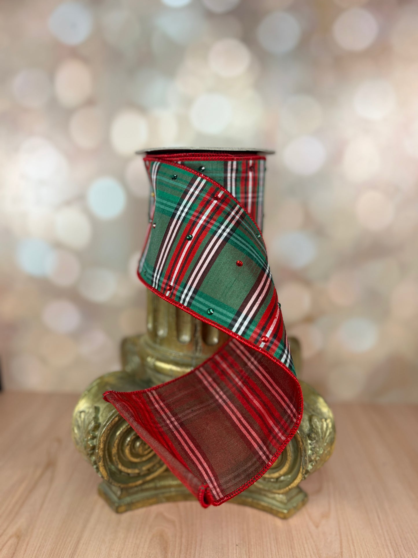 4" x 10 yds Red, Green, Black and White Plaid Ribbon with Red and Green Jewels - Burlap and Bling Decor